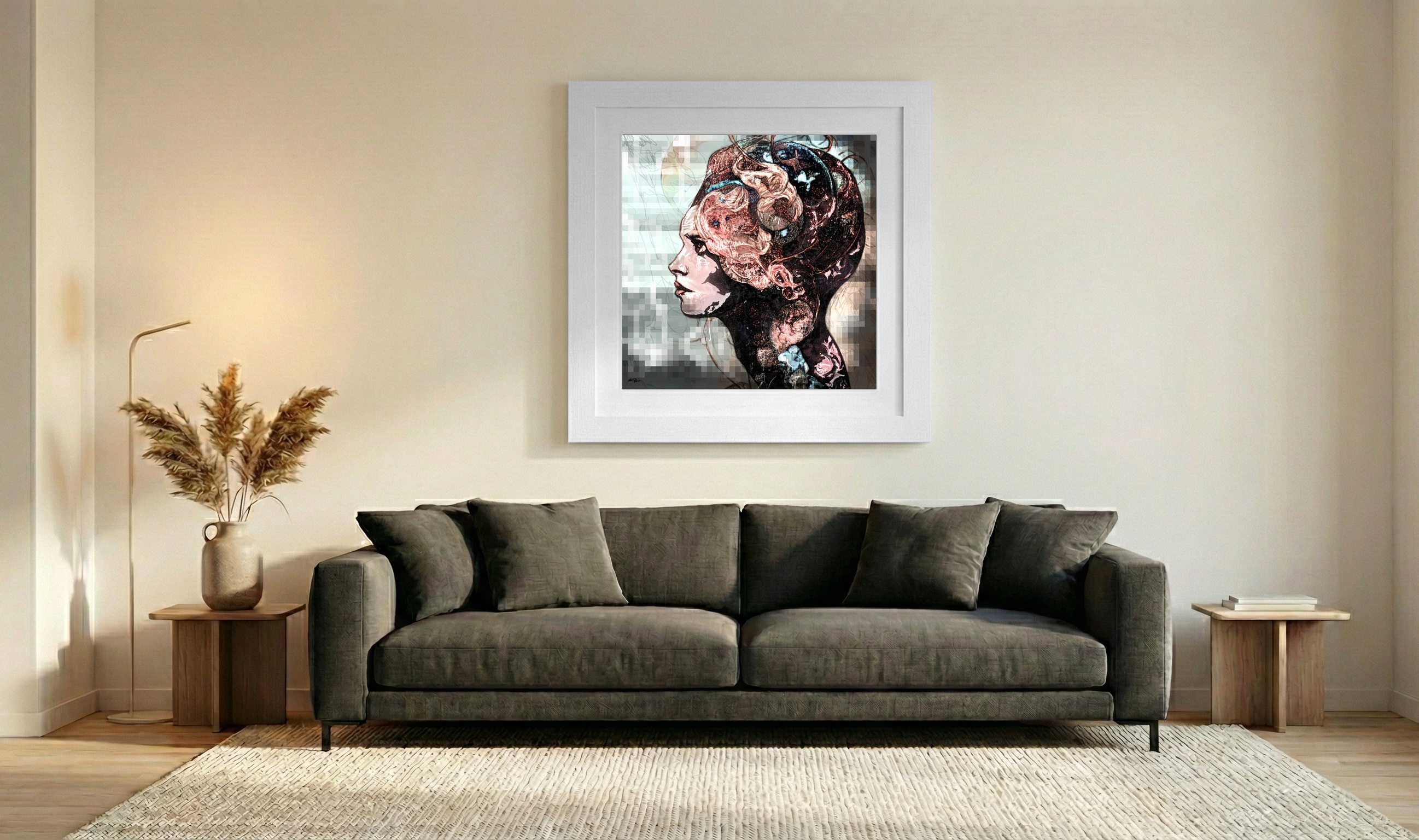 Peach and Black Profile of a Girl Digital Artwork — art on the wall, room interior preview 3