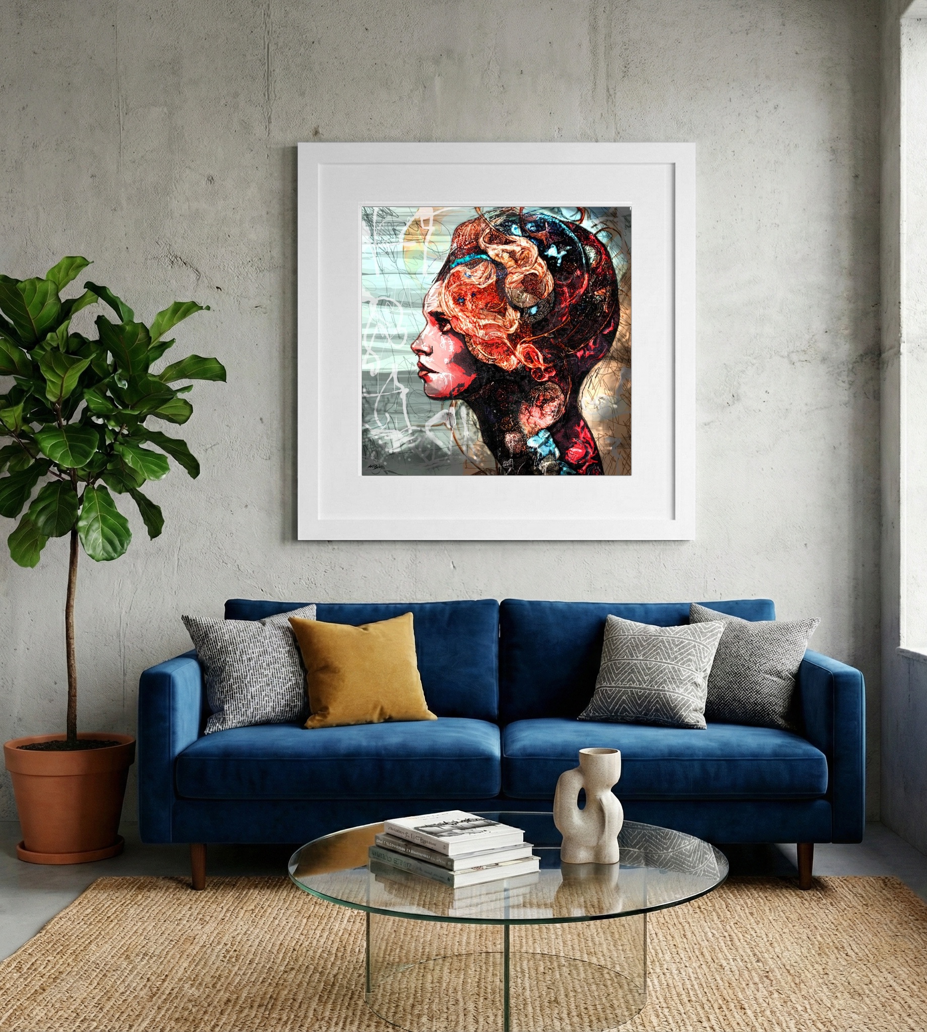 Coral and Earth Tones in Dreamlike Girl Portrait — art on the wall, room interior preview 2