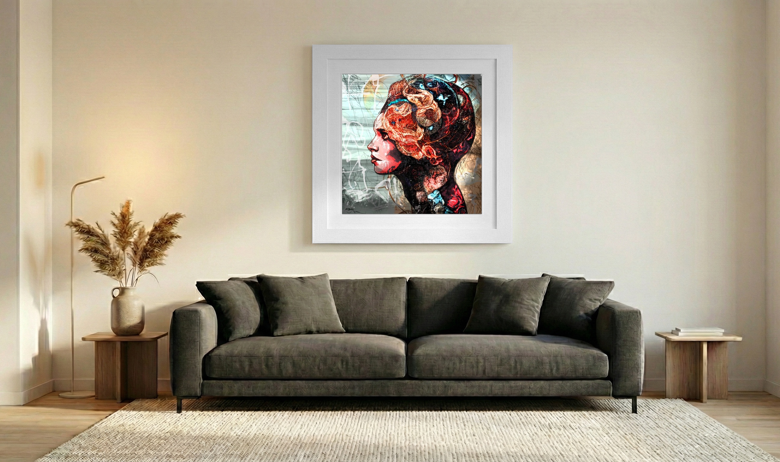 Coral and Earth Tones in Dreamlike Girl Portrait — art on the wall, room interior preview 3