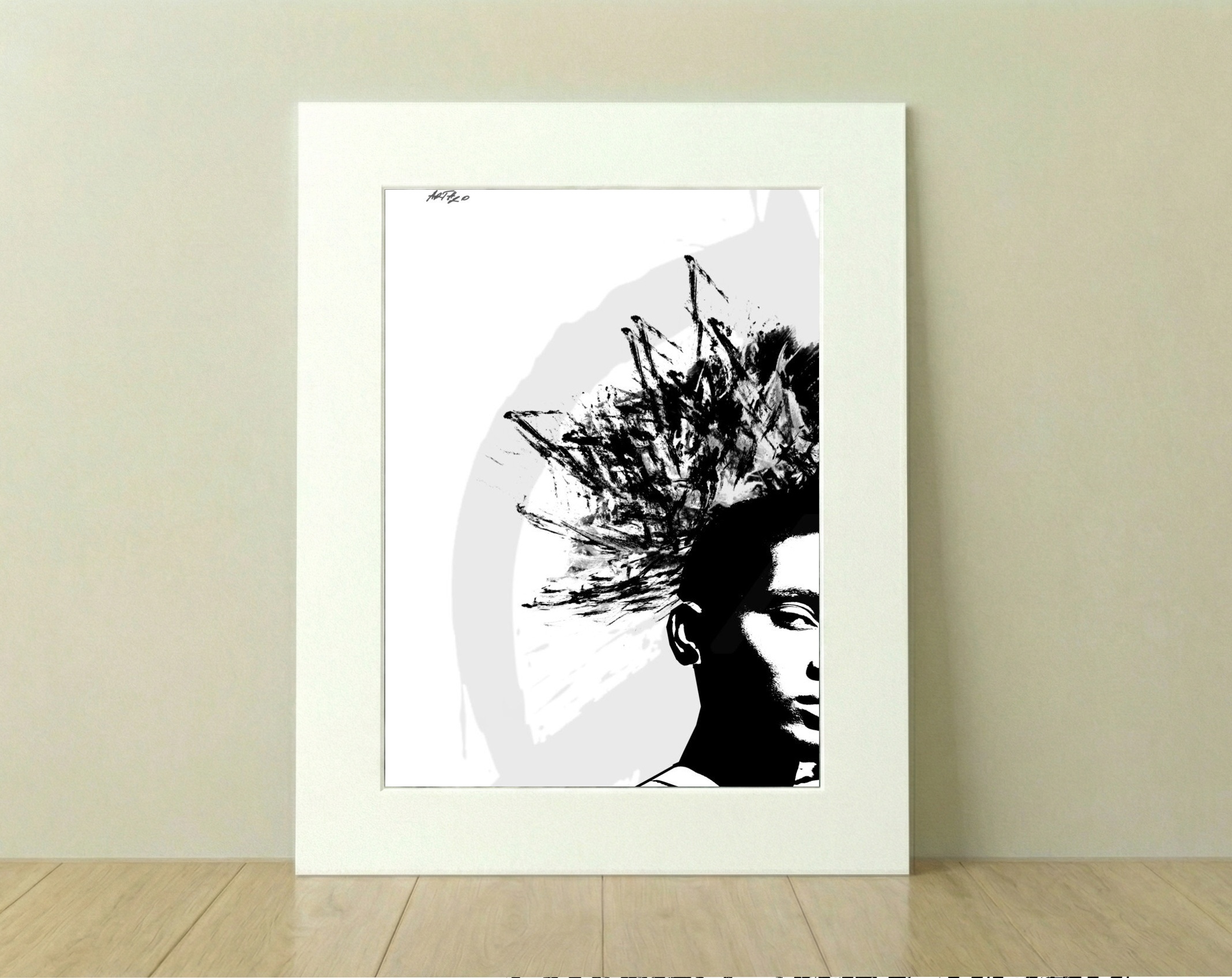 Punk Aesthetic Black and White Digital Portrait — art on the wall, room interior preview 1