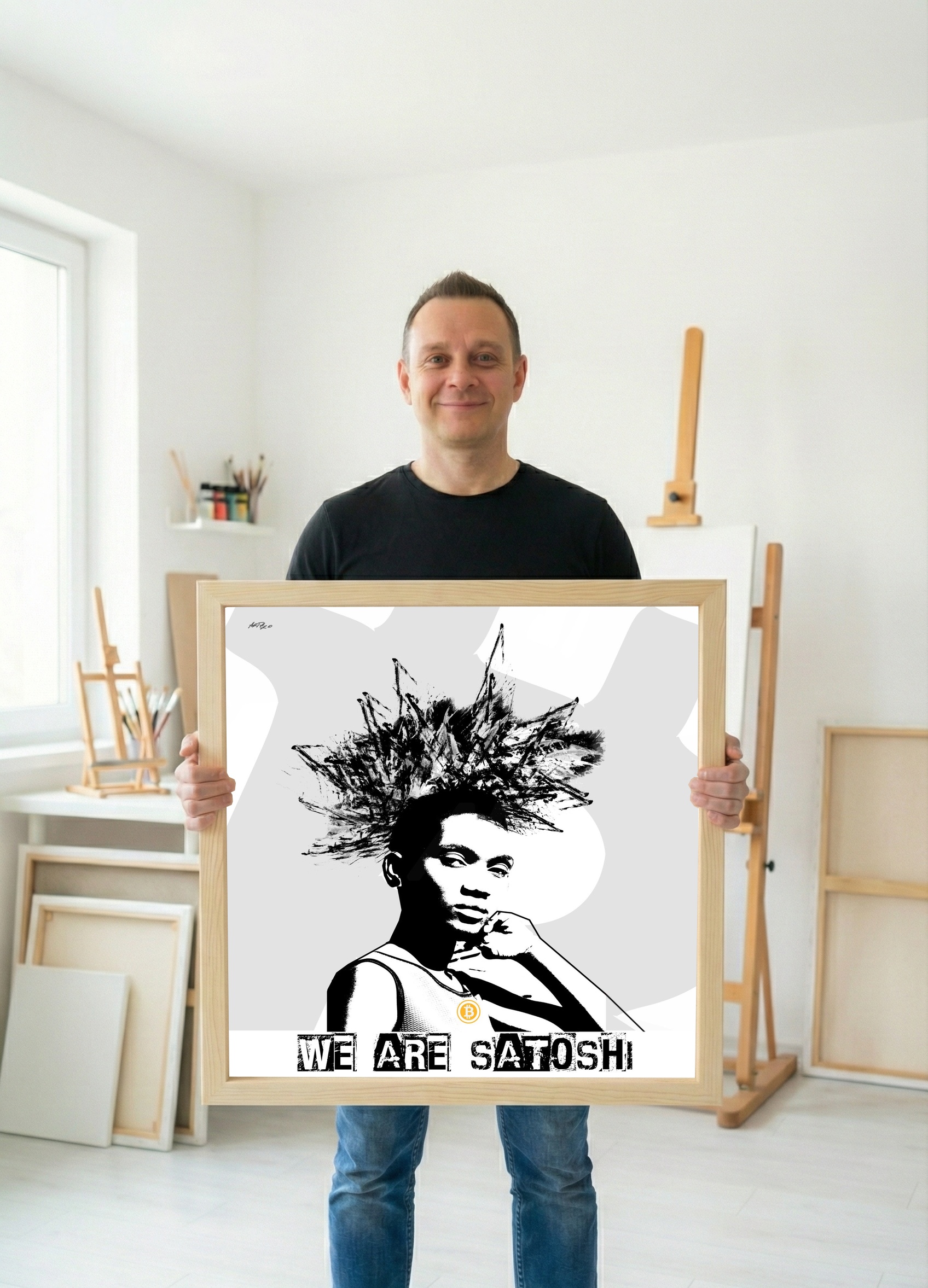 Bold Black and White Graphic Portrait — art on the wall, room interior preview 1