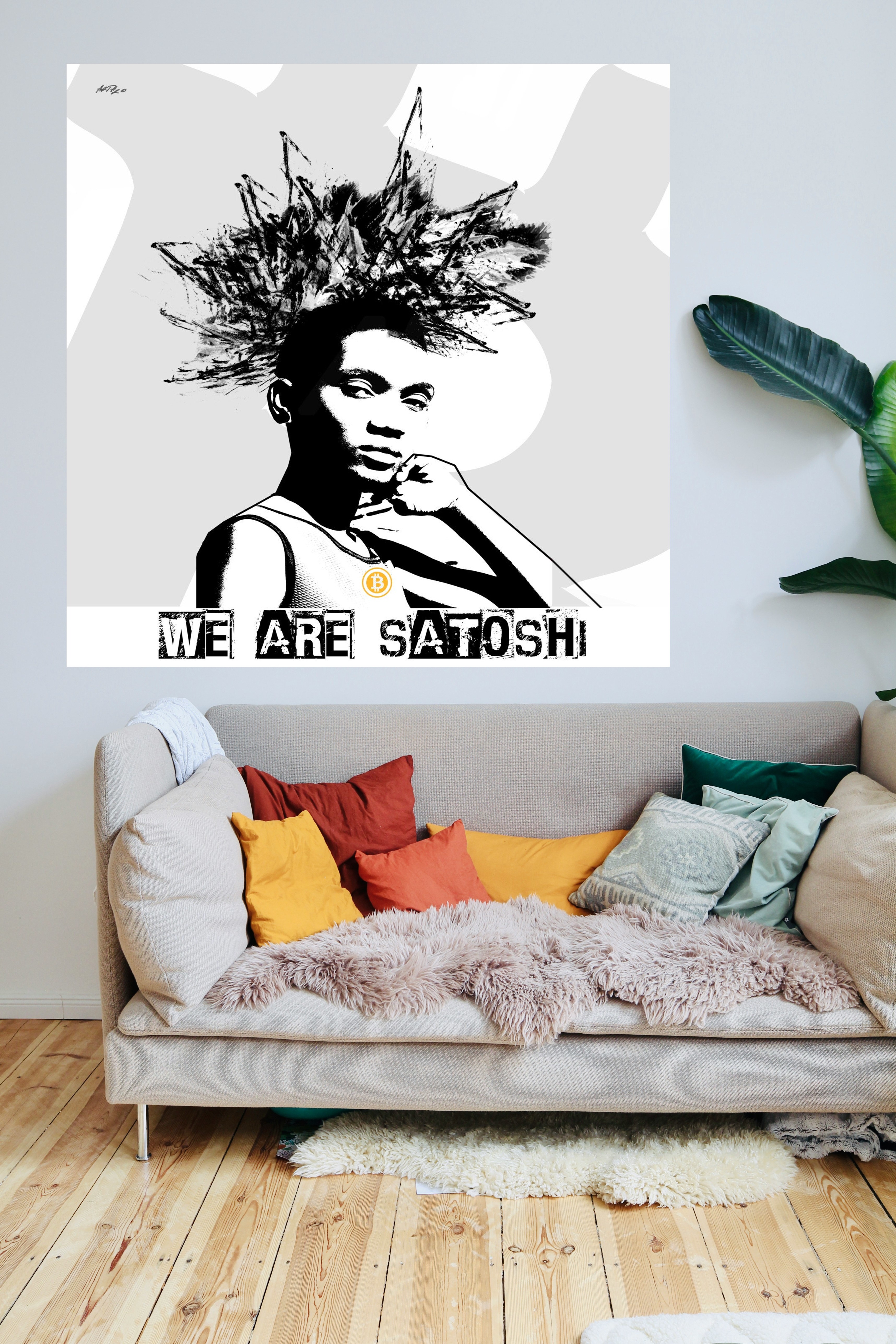 Bold Black and White Graphic Portrait — art on the wall, room interior preview 2