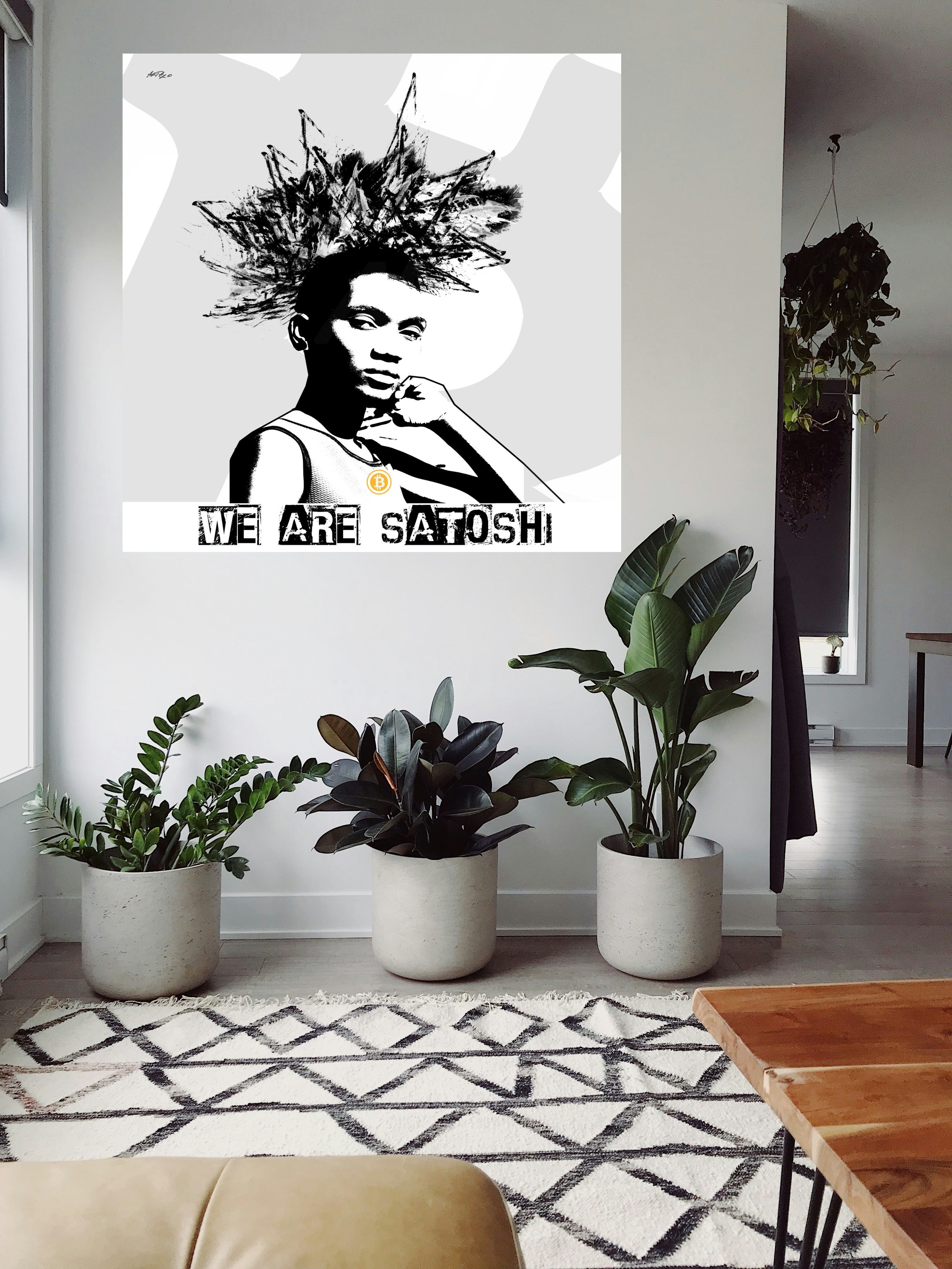 Bold Black and White Graphic Portrait — art on the wall, room interior preview 3
