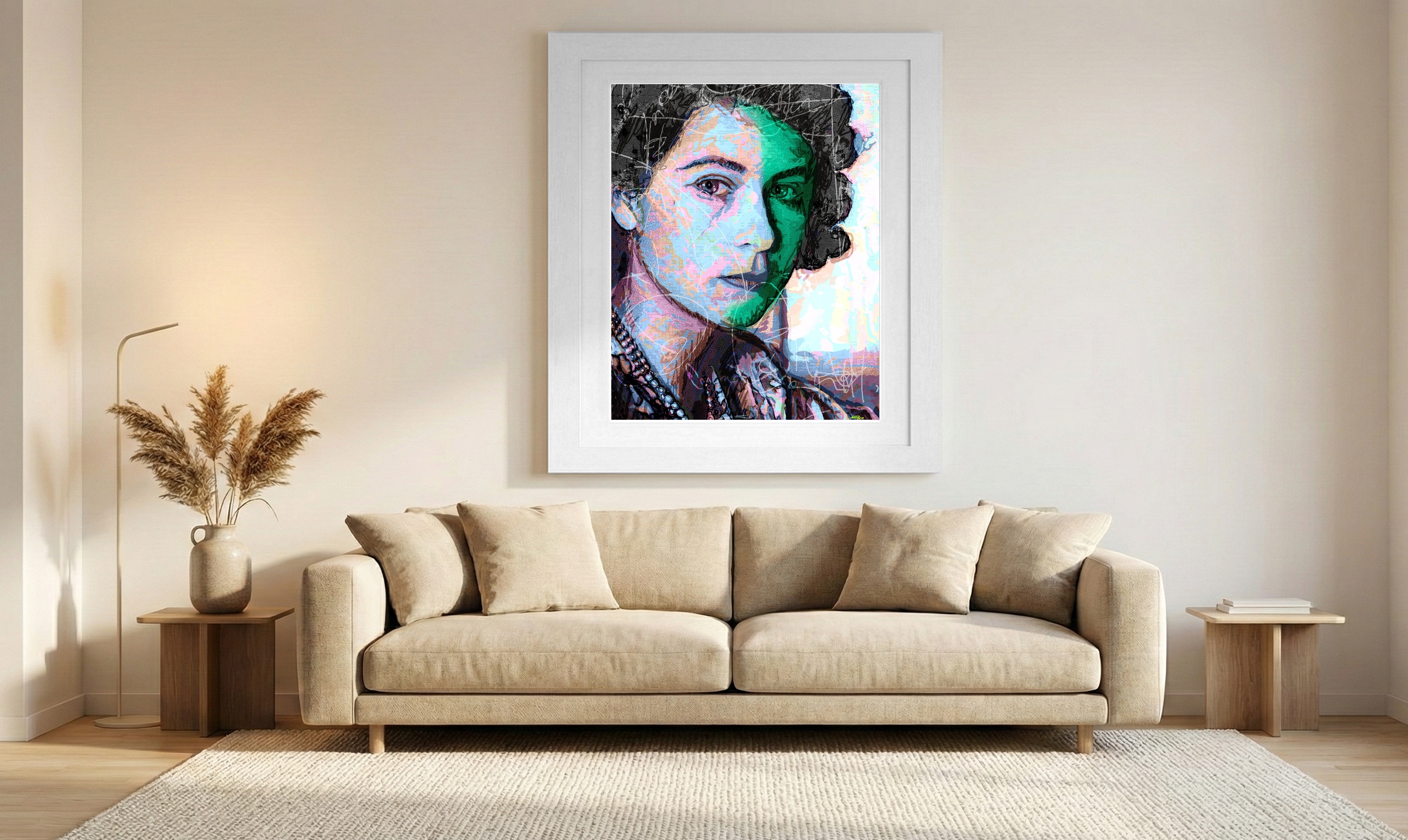 Teal and Pastel Digital Portrait — art on the wall, room interior preview 1