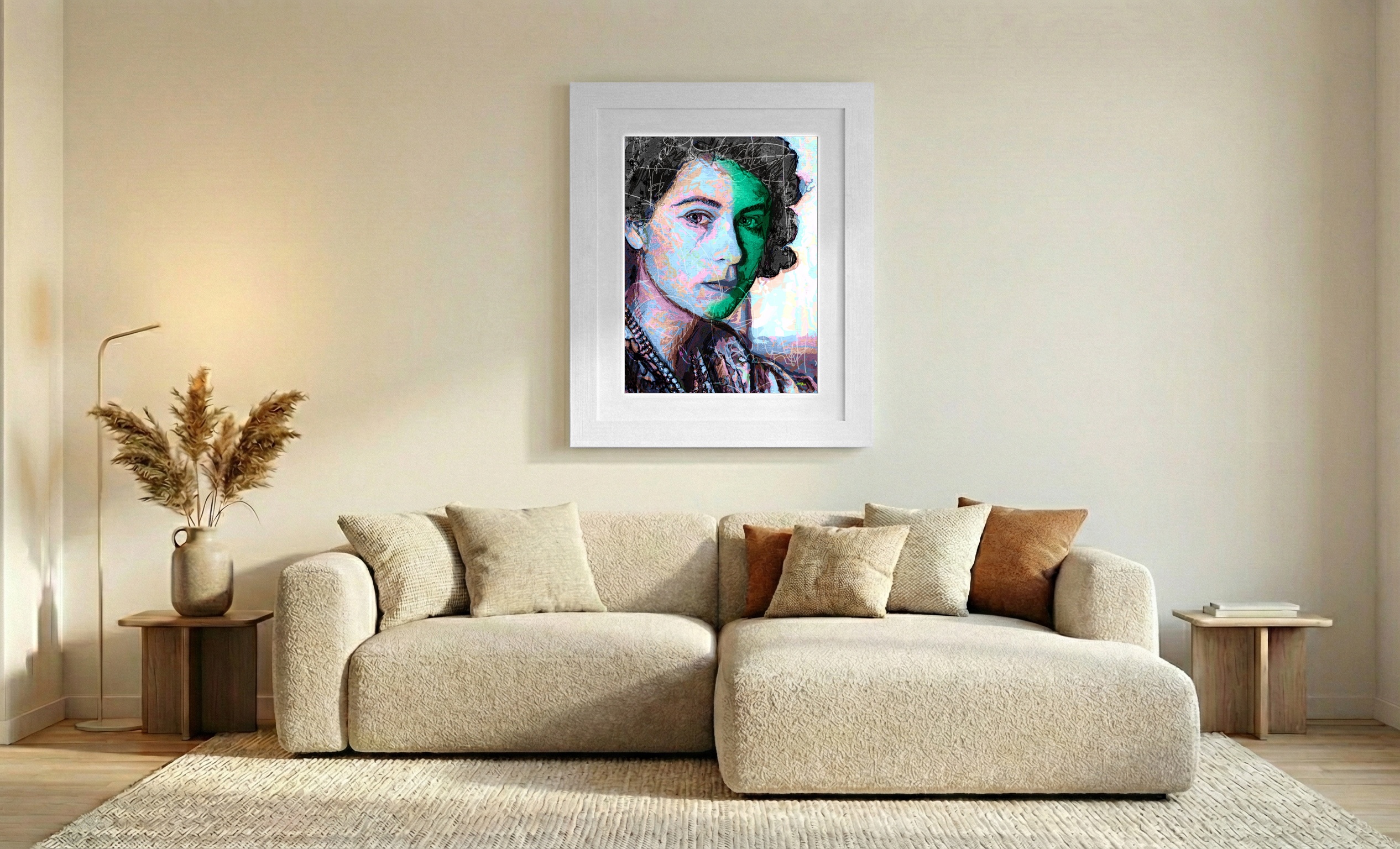 Teal and Pastel Digital Portrait — art on the wall, room interior preview 2