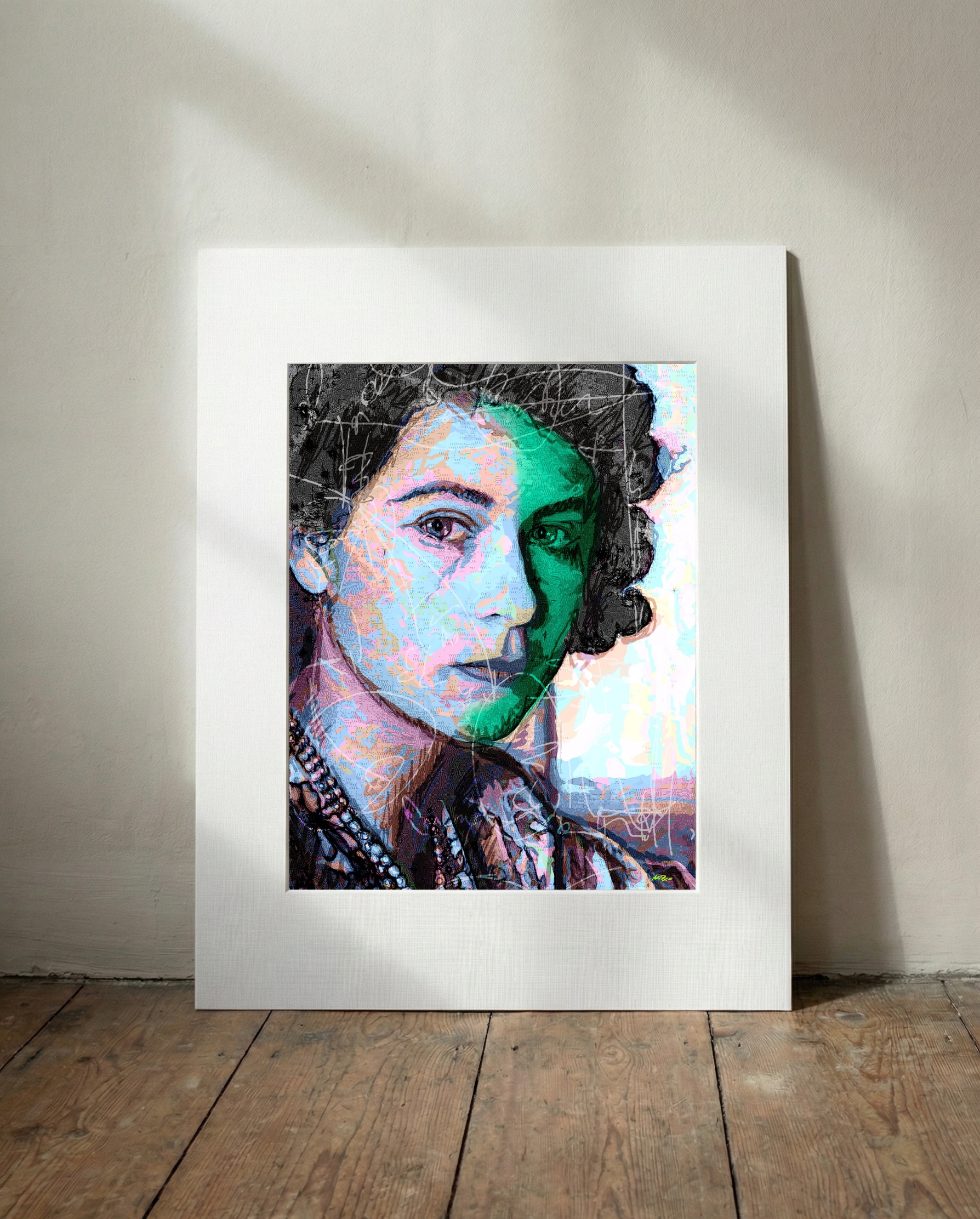 Teal and Pastel Digital Portrait — art on the wall, room interior preview 3