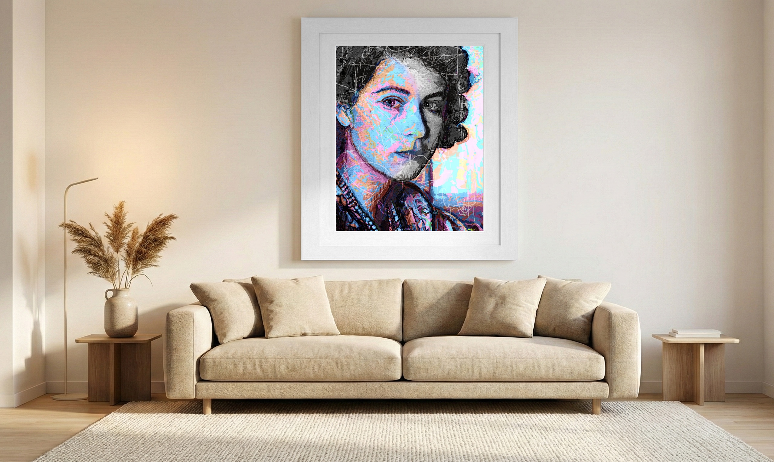 Vibrant Blue Stylized Portrait — art on the wall, room interior preview 1