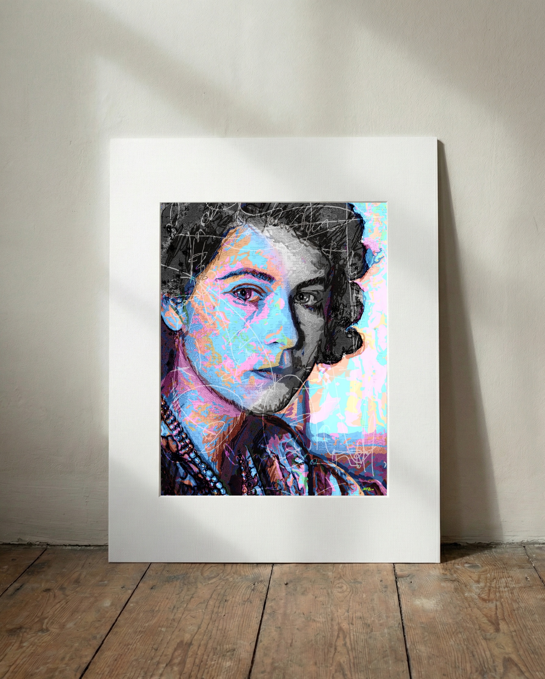 Vibrant Blue Stylized Portrait — art on the wall, room interior preview 3