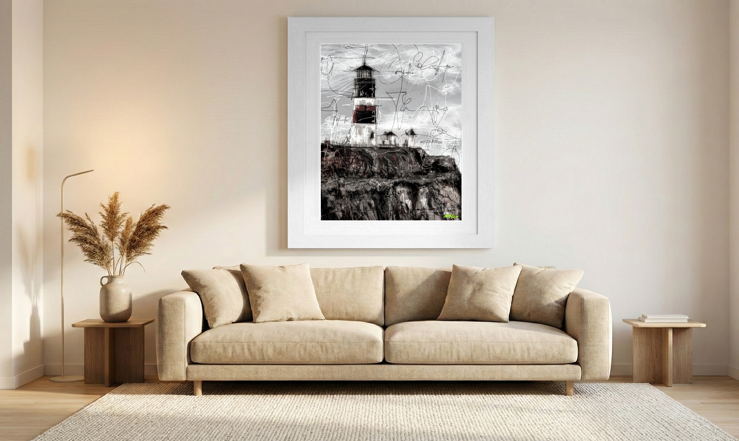 Monochrome Lighthouse Scene — art on the wall, room interior preview 1