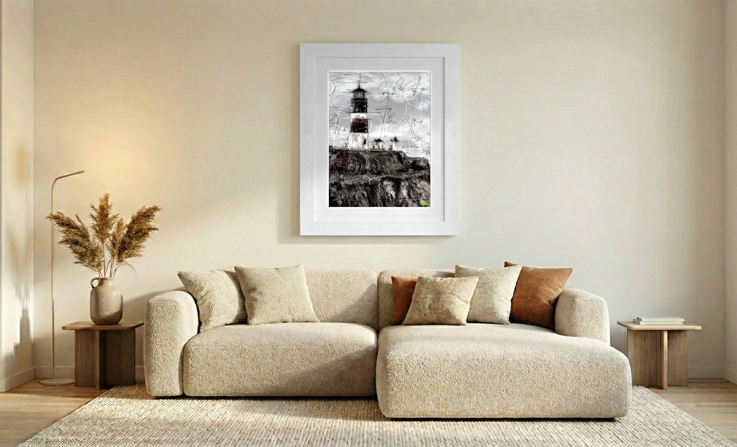 Monochrome Lighthouse Scene — art on the wall, room interior preview 2