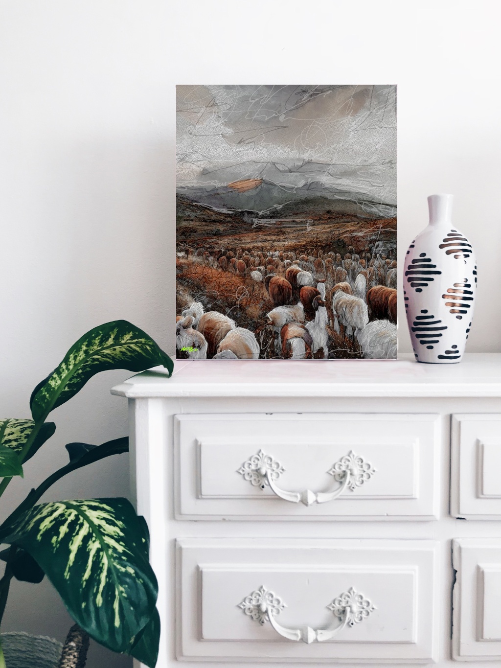 Earthy Tones of Sheep in Landscape — art on the wall, room interior preview 3