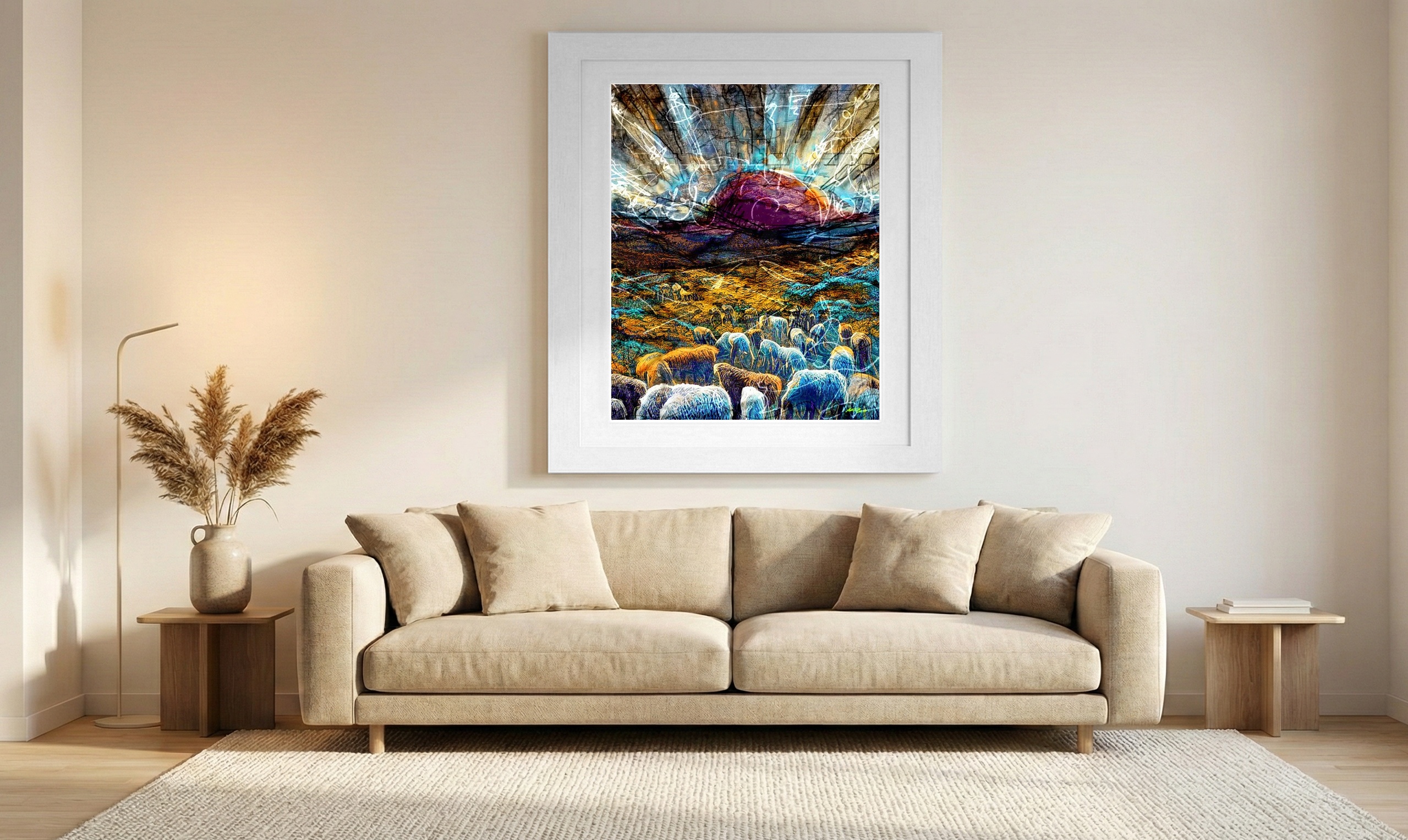Surreal Sunset with Grazing Lambs — art on the wall, room interior preview 1