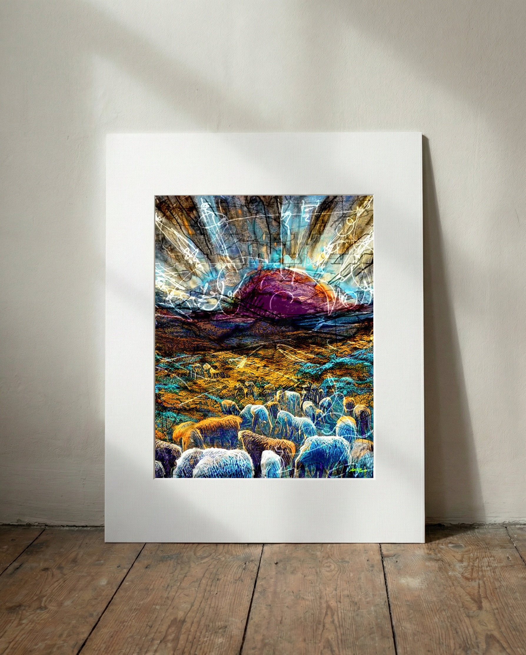Surreal Sunset with Grazing Lambs — art on the wall, room interior preview 2