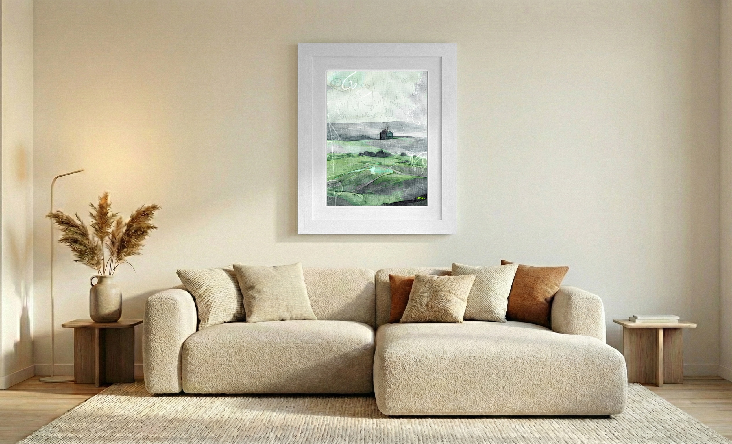 Muted Greens and Grays Landscape Print — art on the wall, room interior preview 2