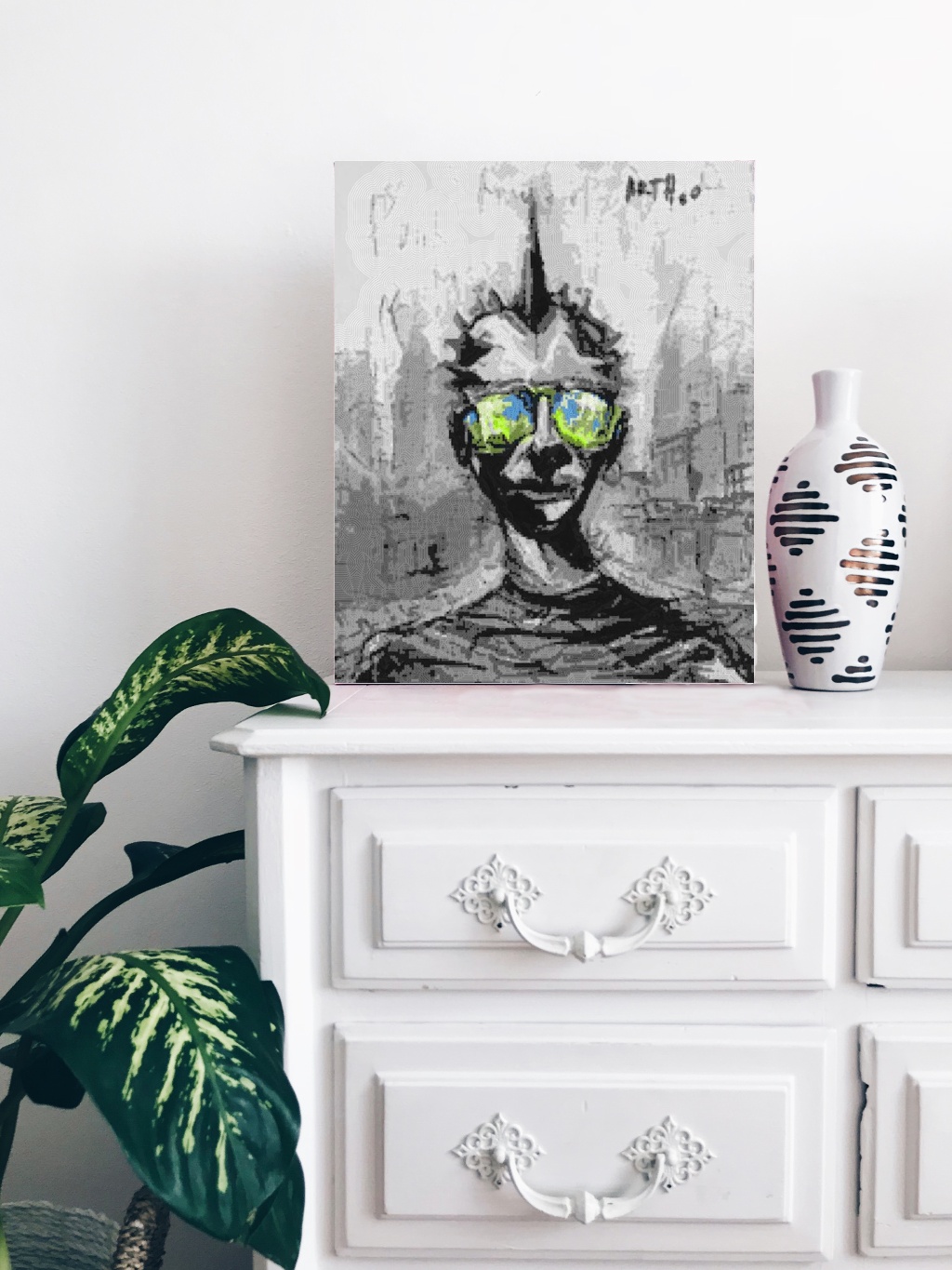 Gray Punk Portrait with Reflections — art on the wall, room interior preview 1