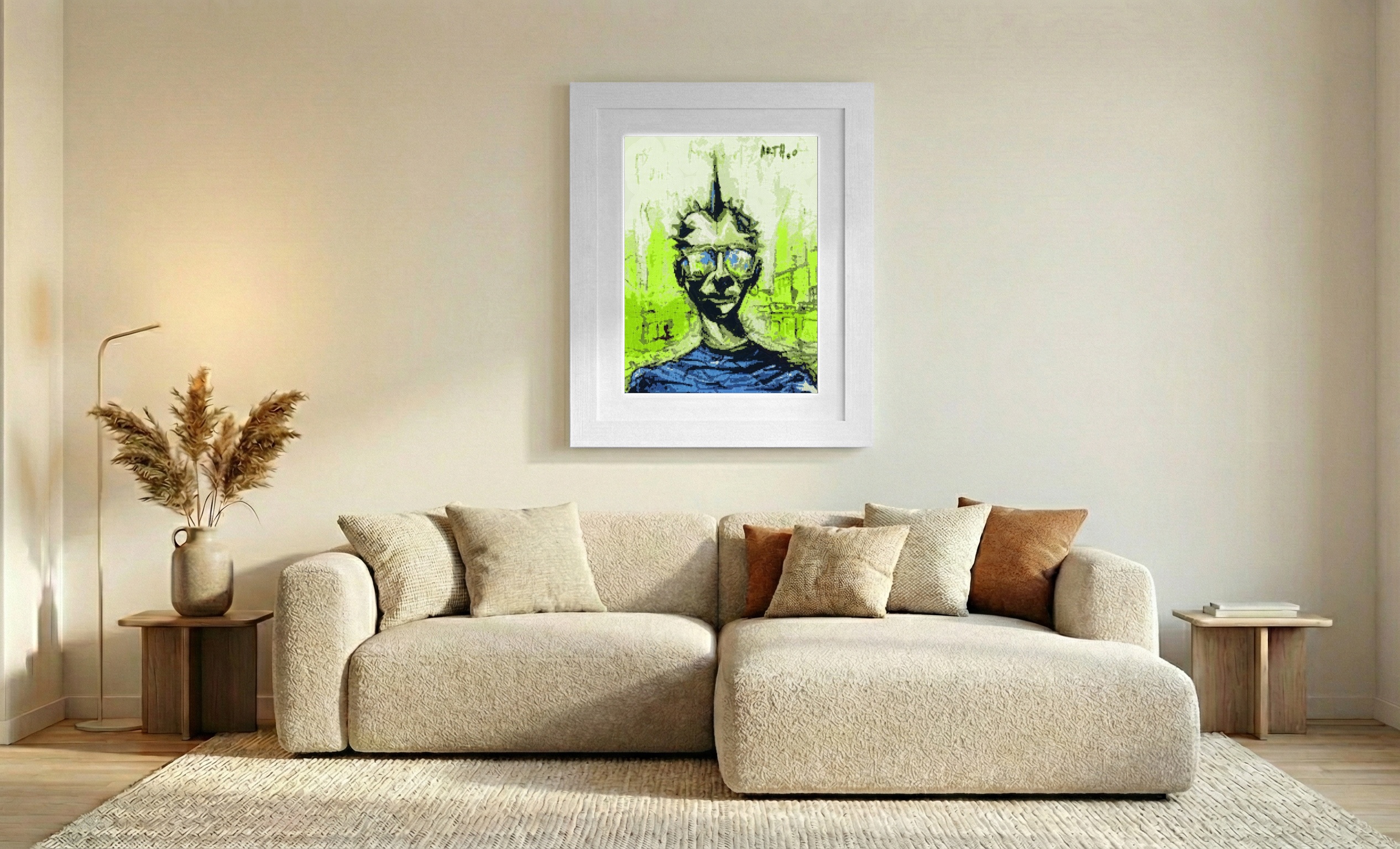Bold Green Punk Character Digital Print — art on the wall, room interior preview 2