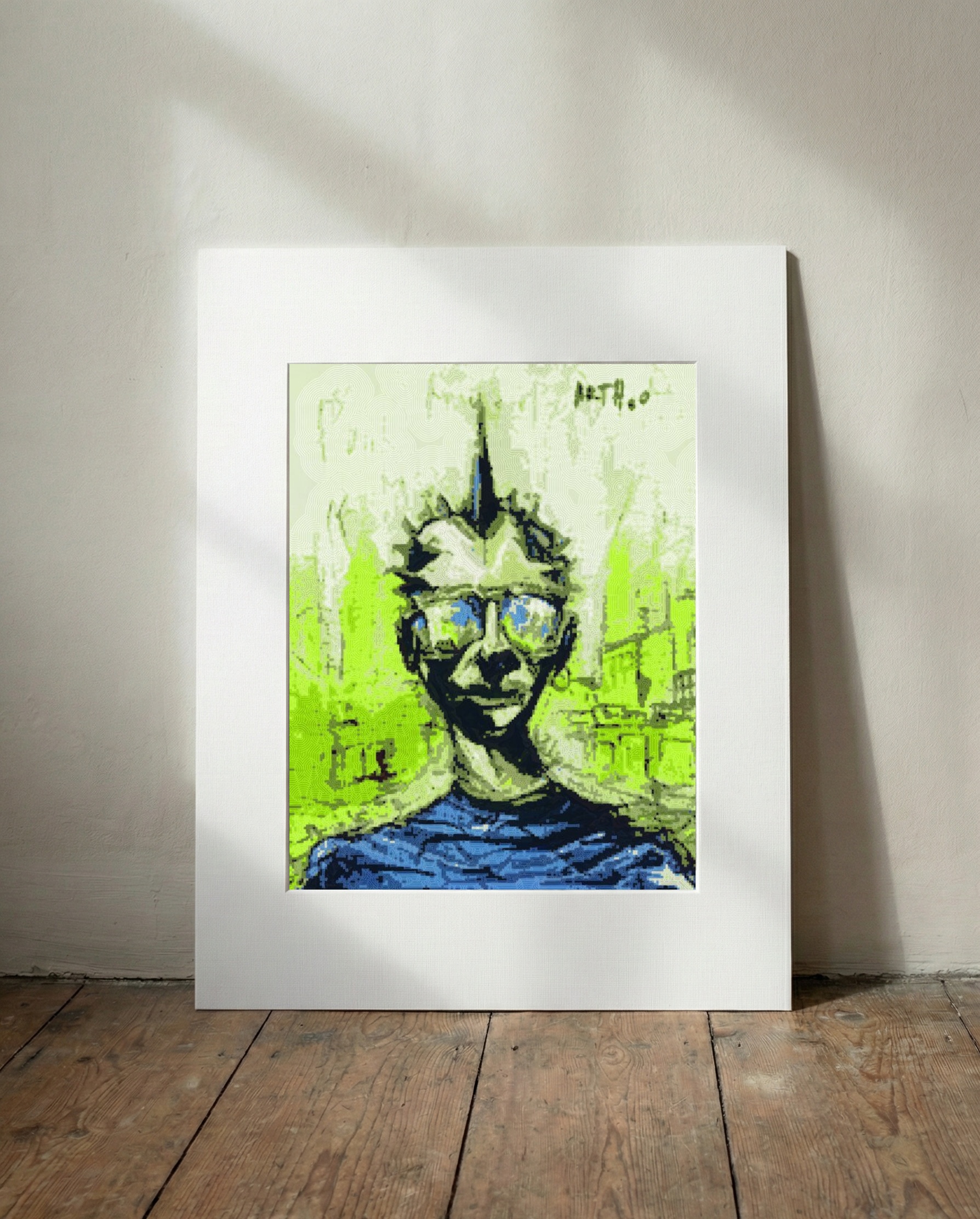 Bold Green Punk Character Digital Print — art on the wall, room interior preview 3