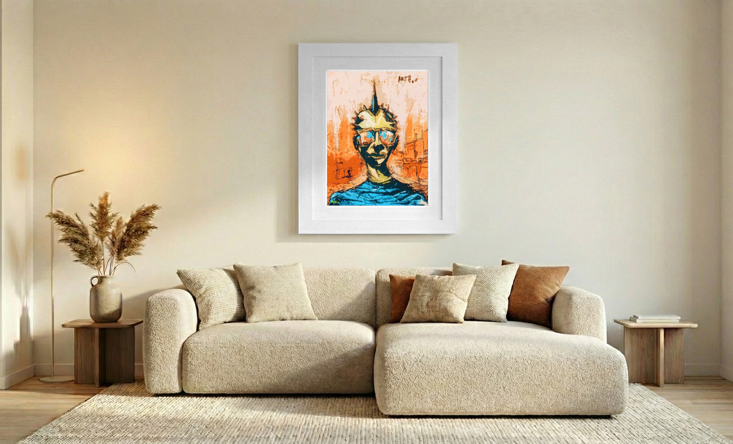Teal and Orange Punk Fusion Portrait — art on the wall, room interior preview 2