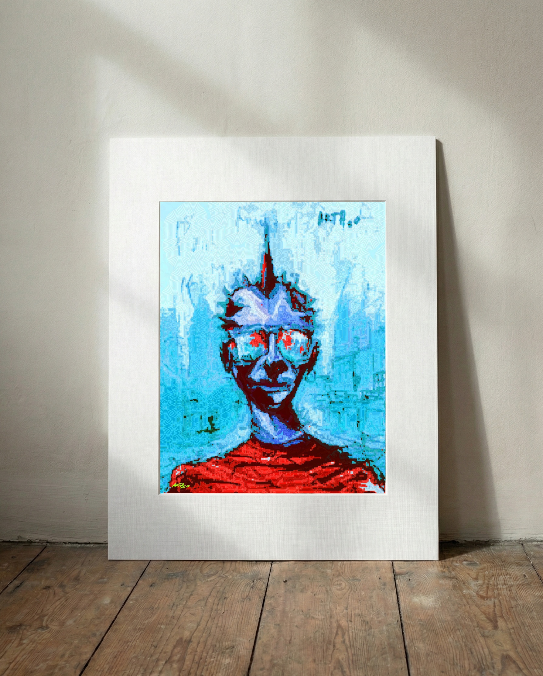 Red and Blue Punk Digital Portrait — art on the wall, room interior preview 3