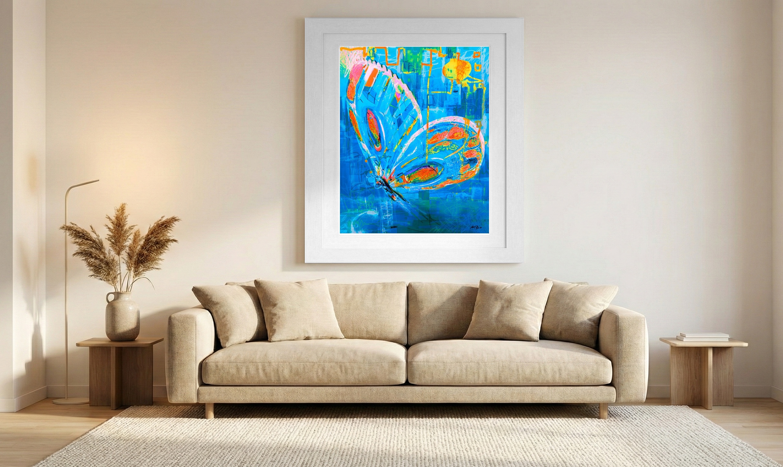 Electric Blue and Fiery Orange Butterfly — art on the wall, room interior preview 1