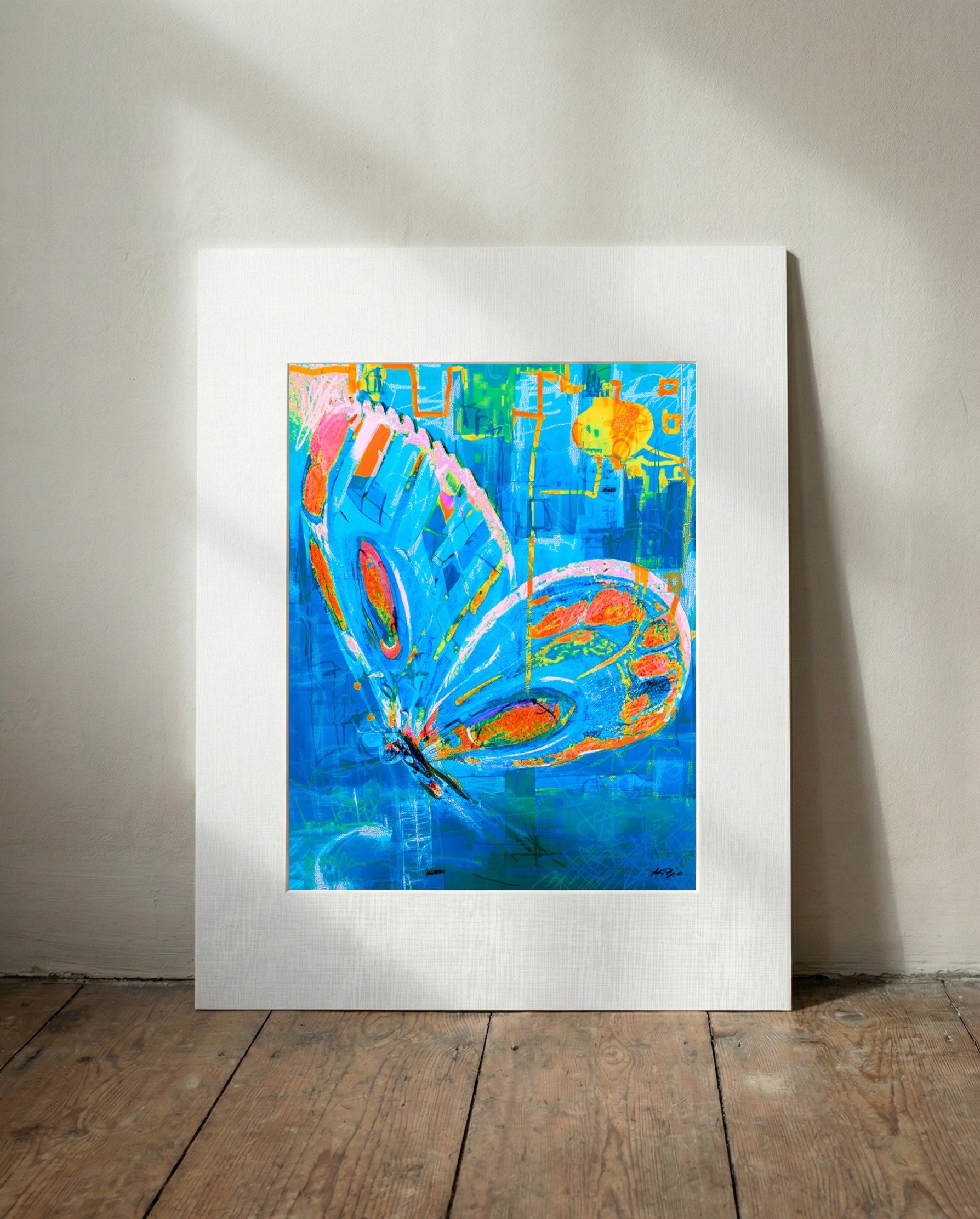 Electric Blue and Fiery Orange Butterfly — art on the wall, room interior preview 3