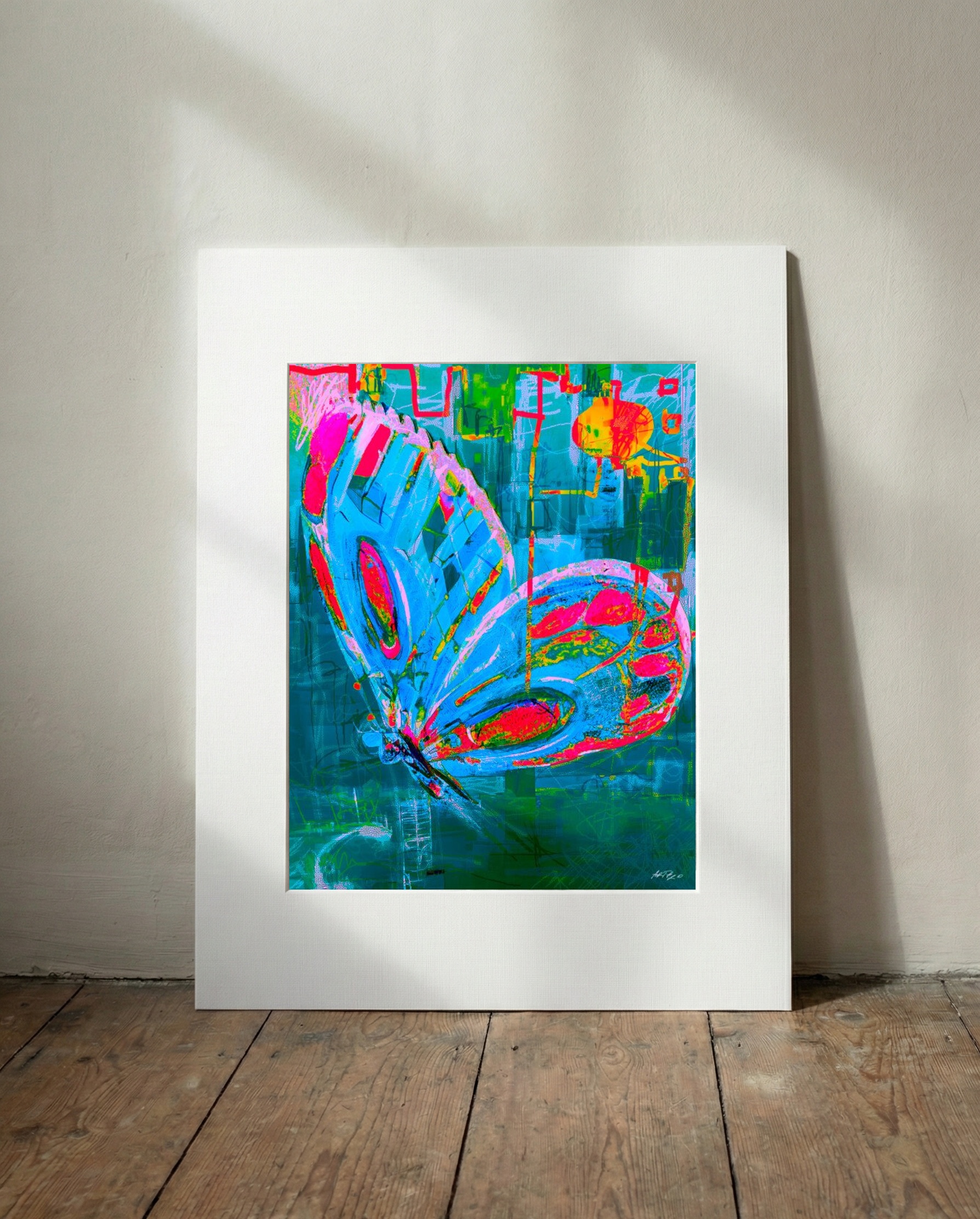 Teal and Pink Abstract Butterfly Art — art on the wall, room interior preview 3