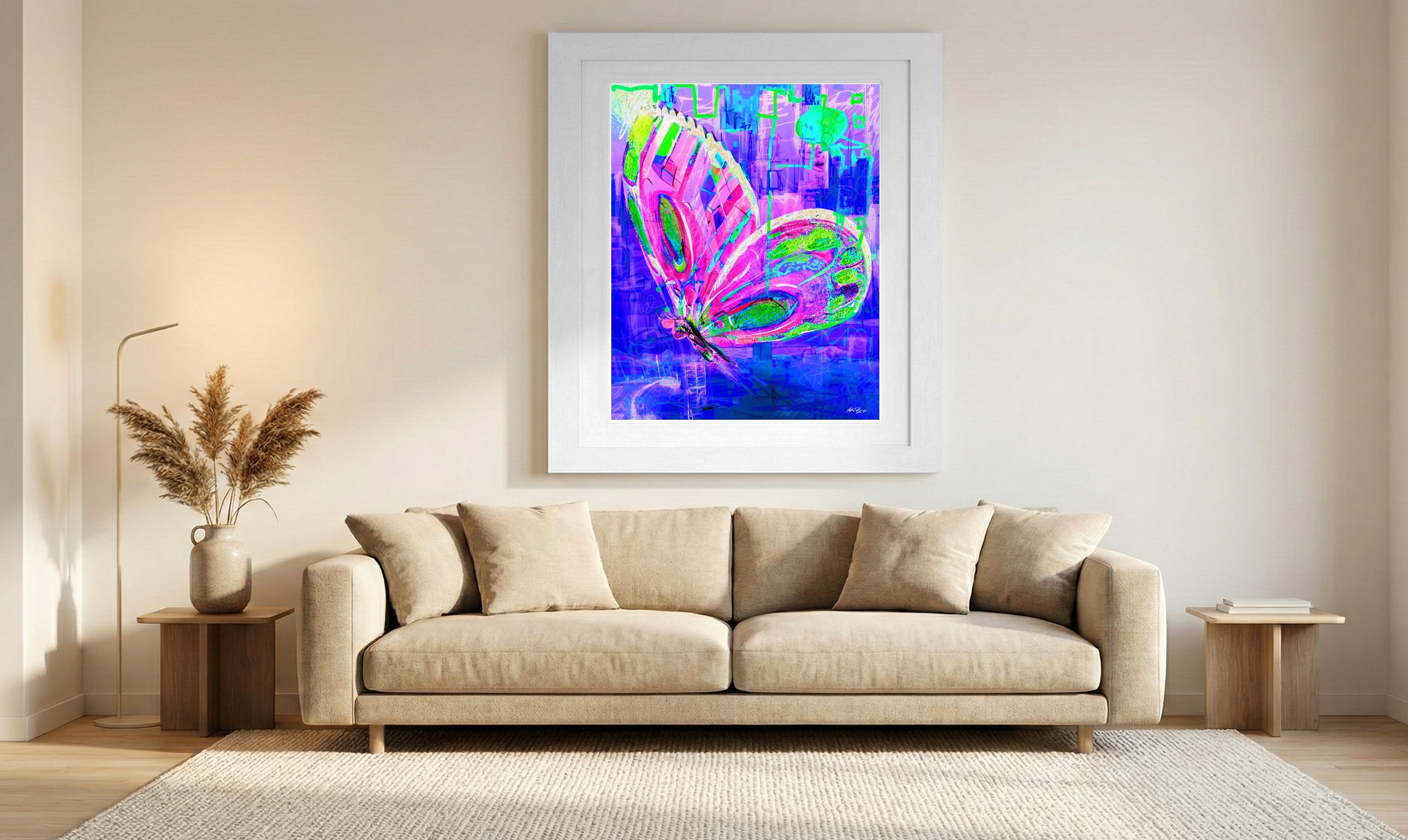 Neon Pink and Green Butterfly Burst — art on the wall, room interior preview 1