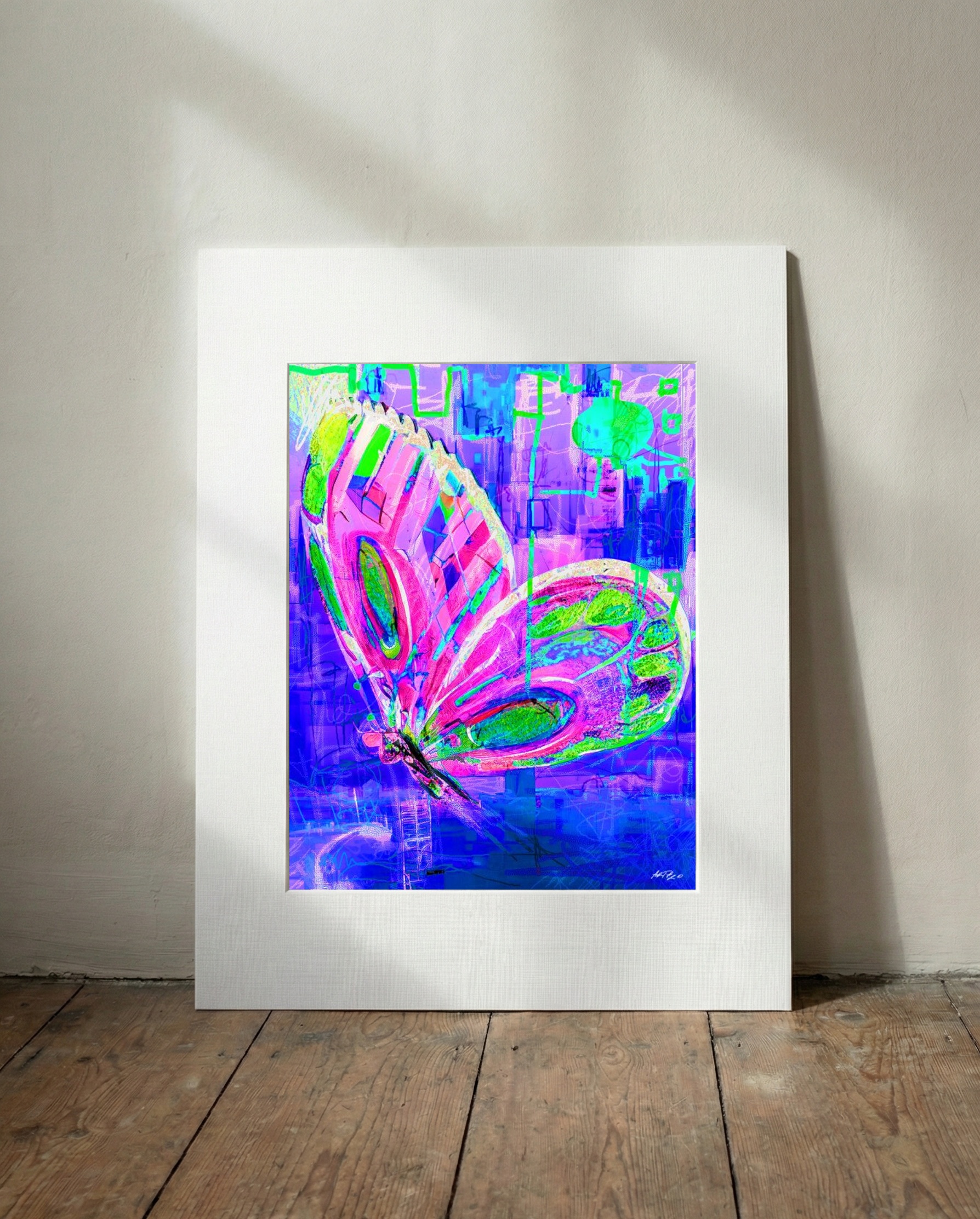 Neon Pink and Green Butterfly Burst — art on the wall, room interior preview 3