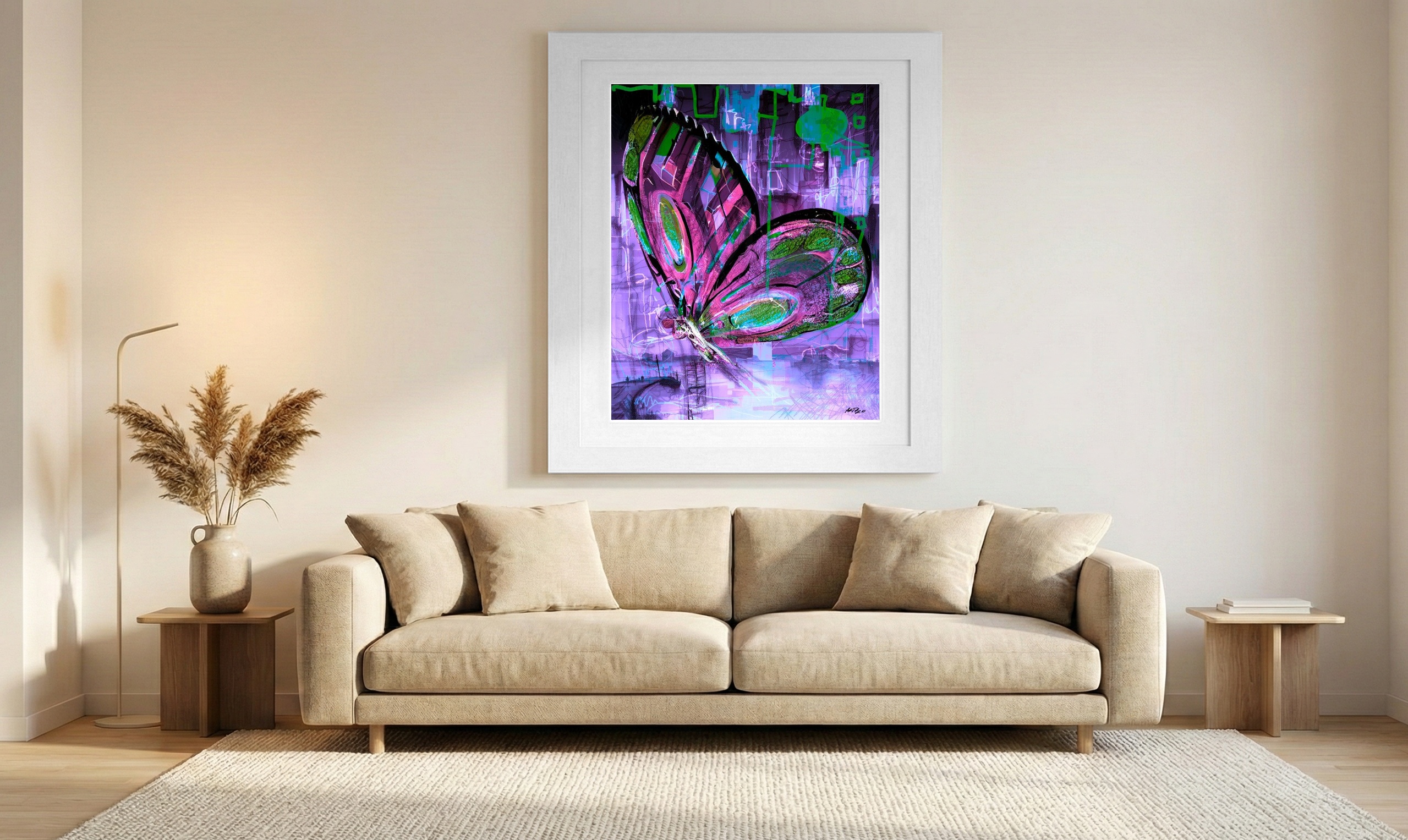 Whimsical Purple and Green Butterfly Flight — art on the wall, room interior preview 1