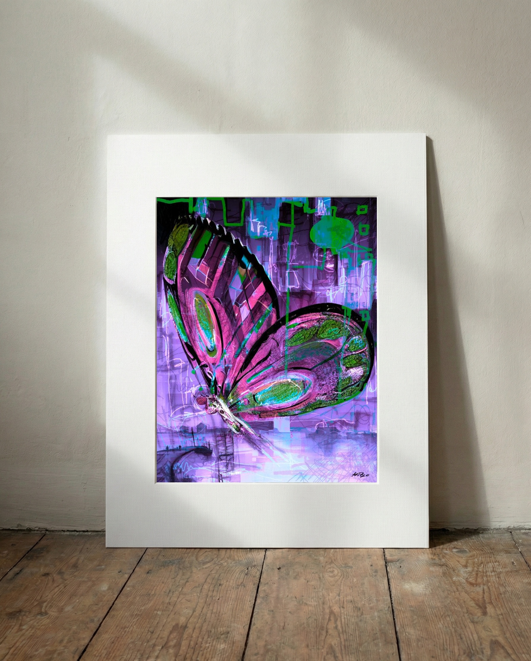 Whimsical Purple and Green Butterfly Flight — art on the wall, room interior preview 3