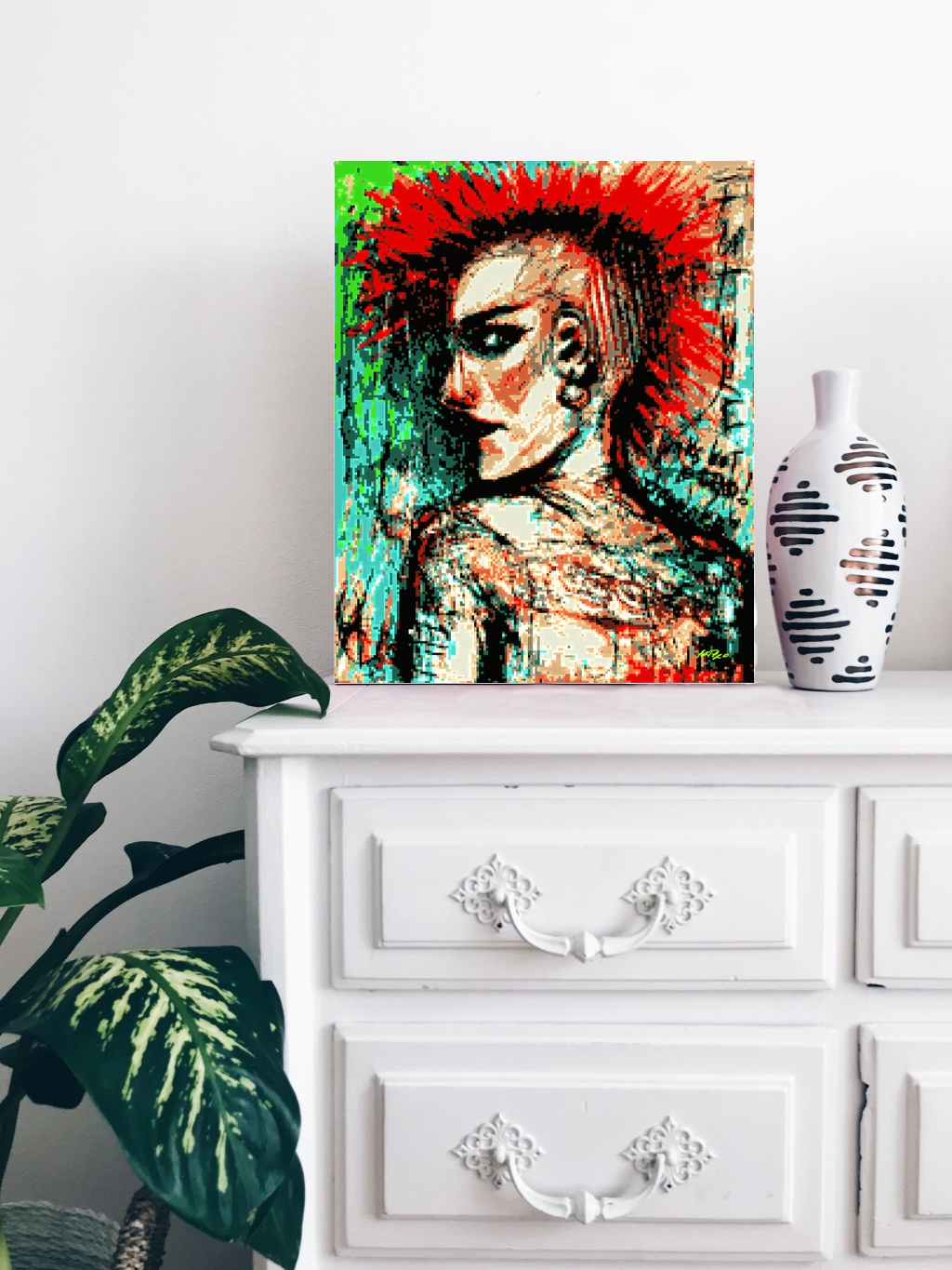 Dynamic Red and Black Punk Girl Art — art on the wall, room interior preview 3