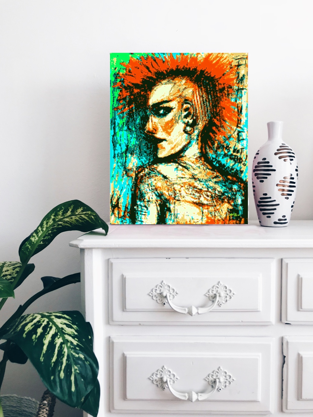 Rebellious Orange Mohawk Girl Art — art on the wall, room interior preview 3
