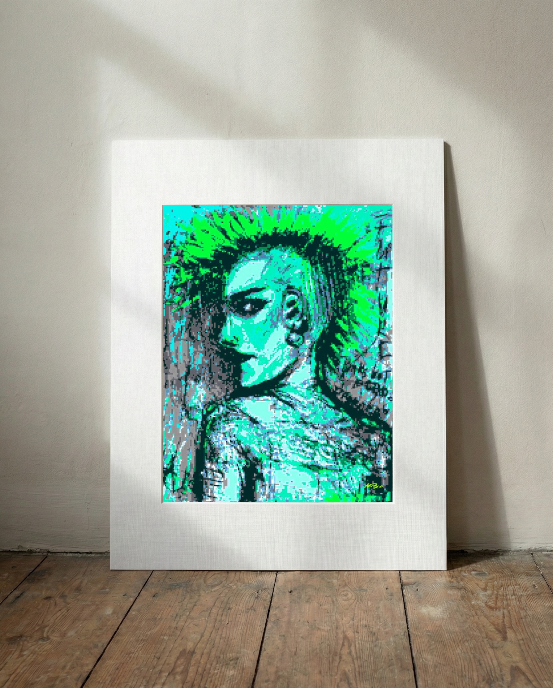 Teal and Green Punk Portrait — art on the wall, room interior preview 2