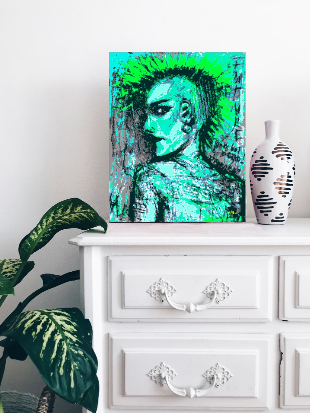 Teal and Green Punk Portrait — art on the wall, room interior preview 3