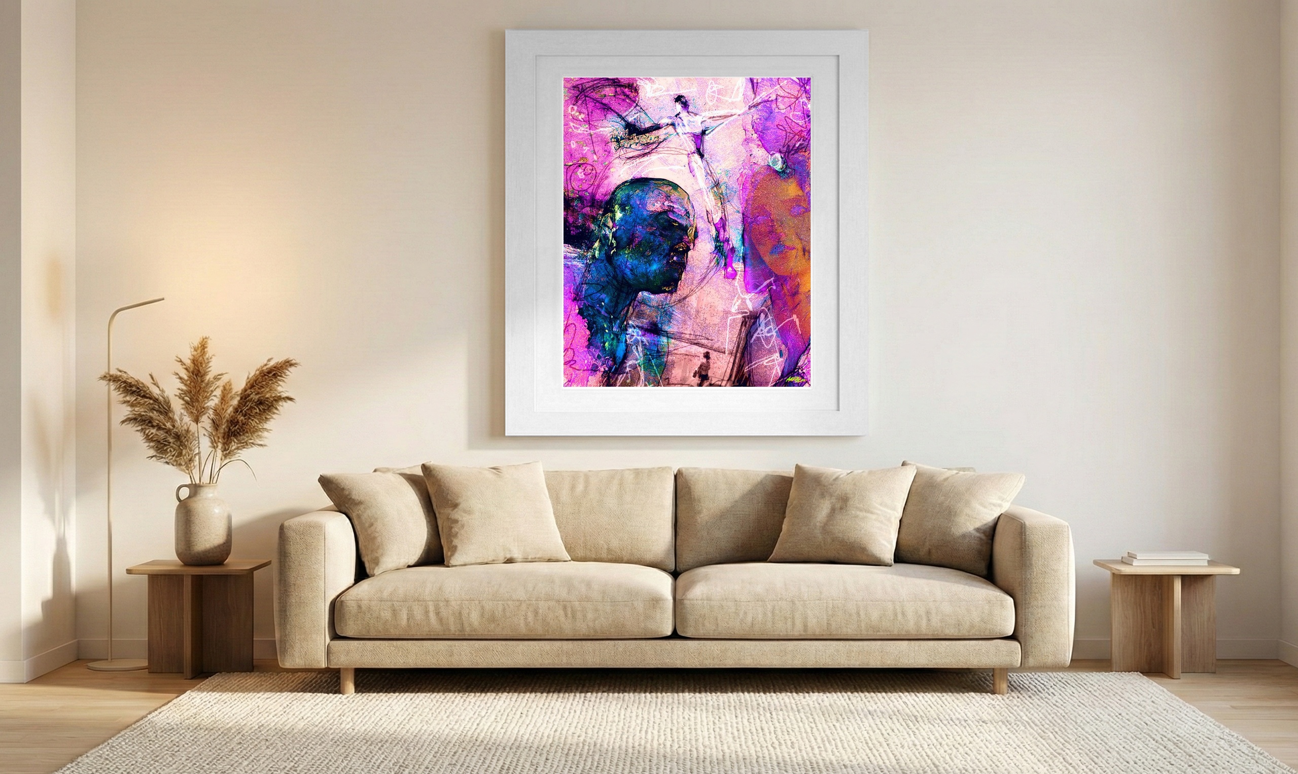 Lilac and Blue Surreal Figure — art on the wall, room interior preview 1
