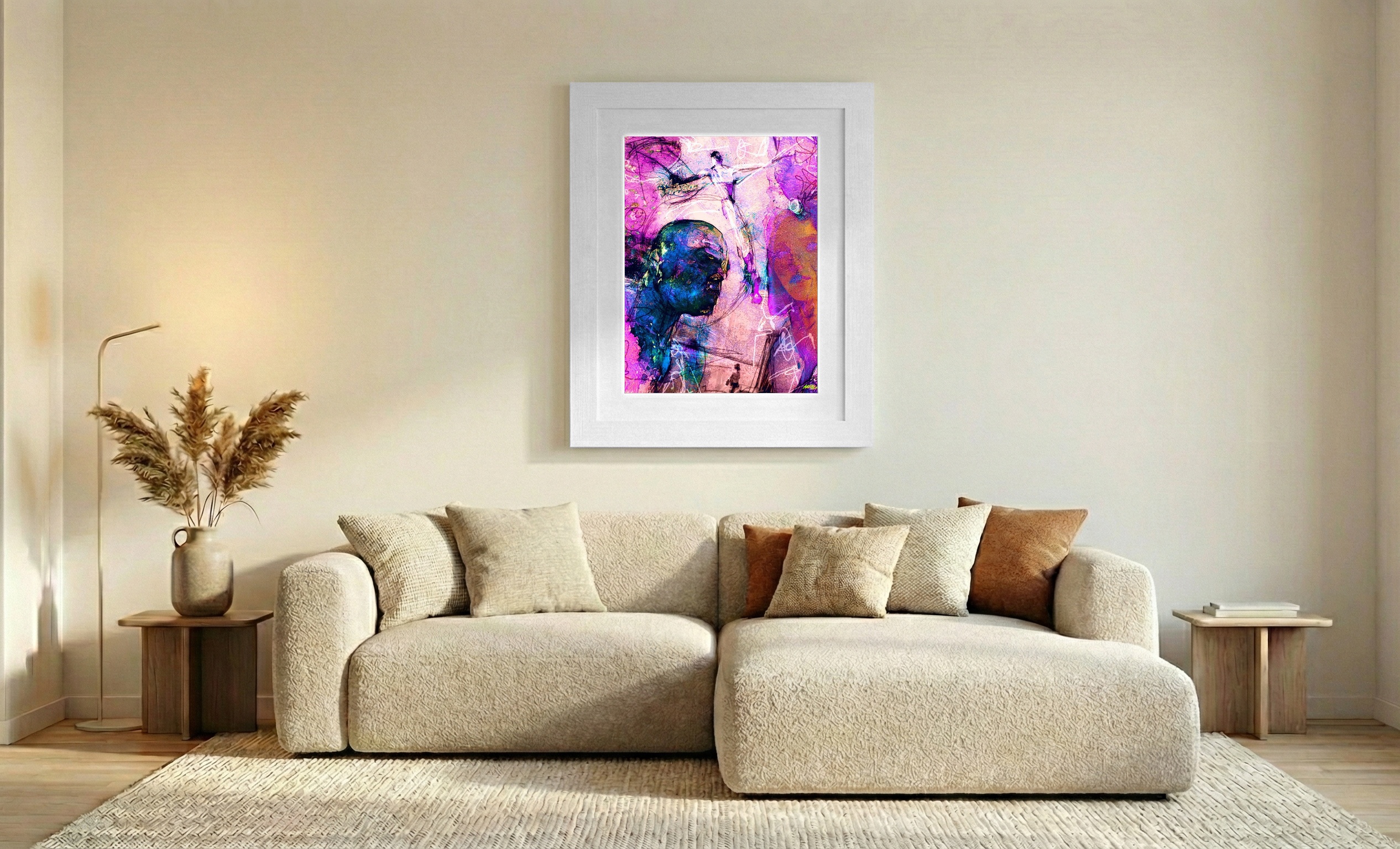 Lilac and Blue Surreal Figure — art on the wall, room interior preview 2