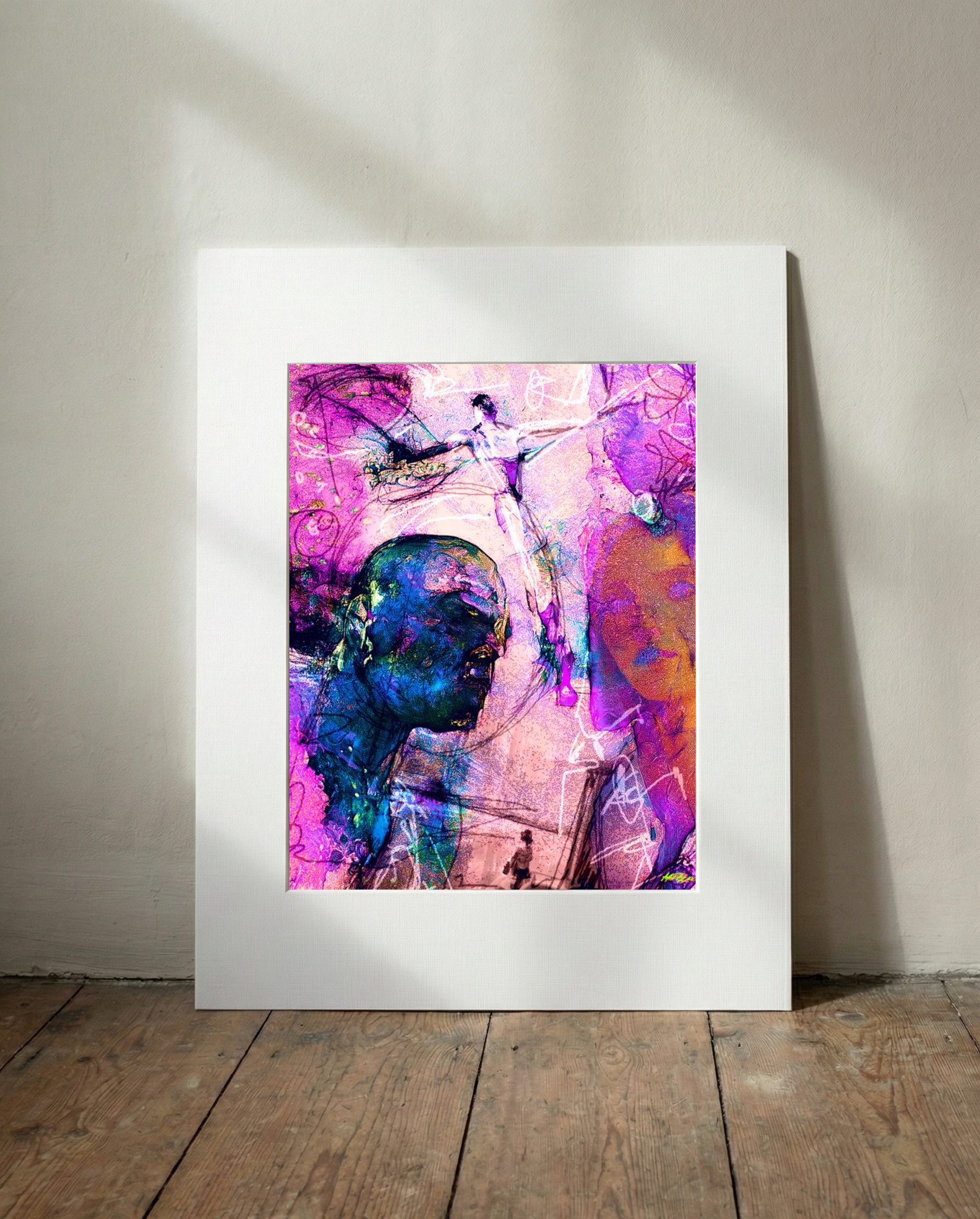 Lilac and Blue Surreal Figure — art on the wall, room interior preview 3