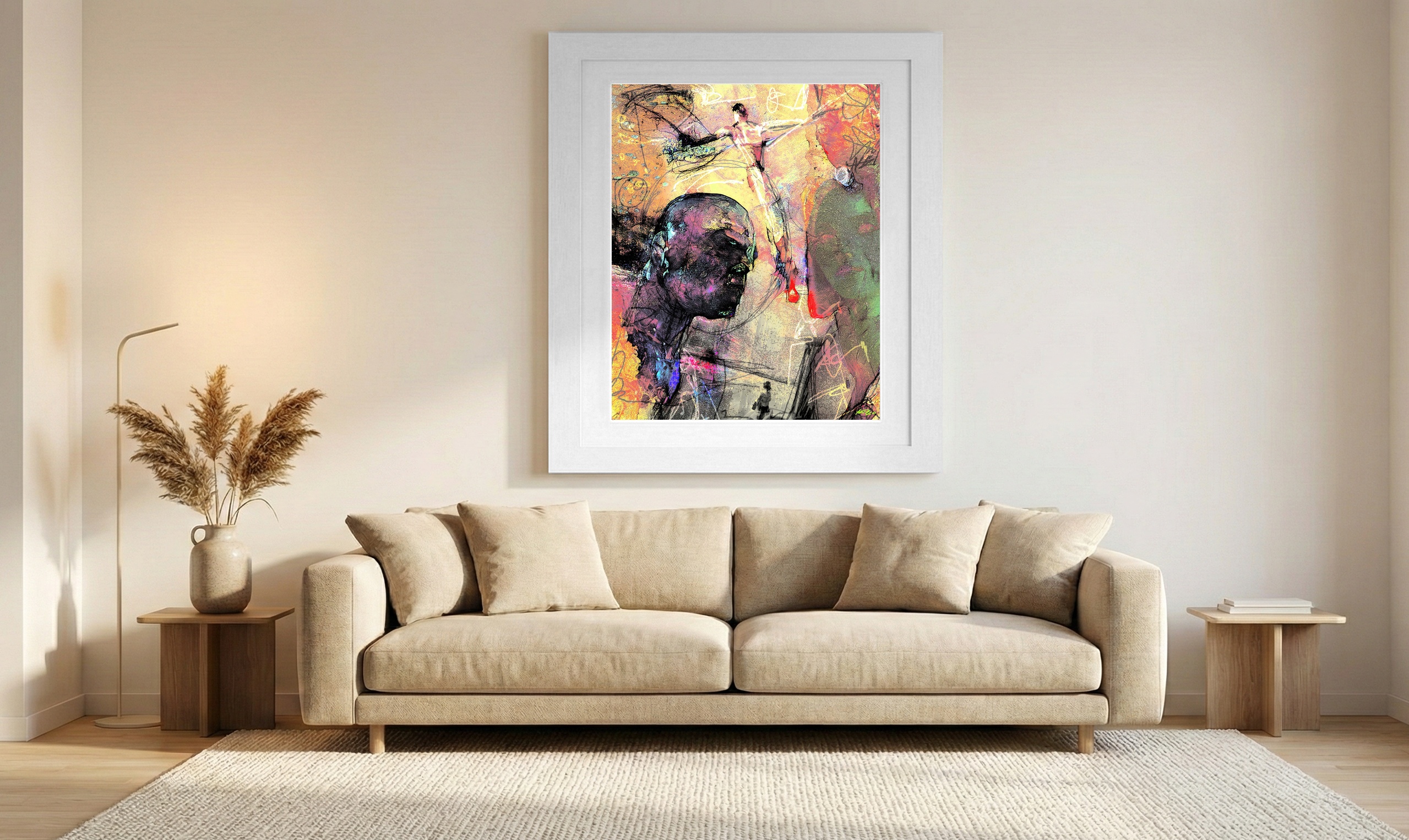 Pale Yellow and Blue Abstract Figure — art on the wall, room interior preview 1
