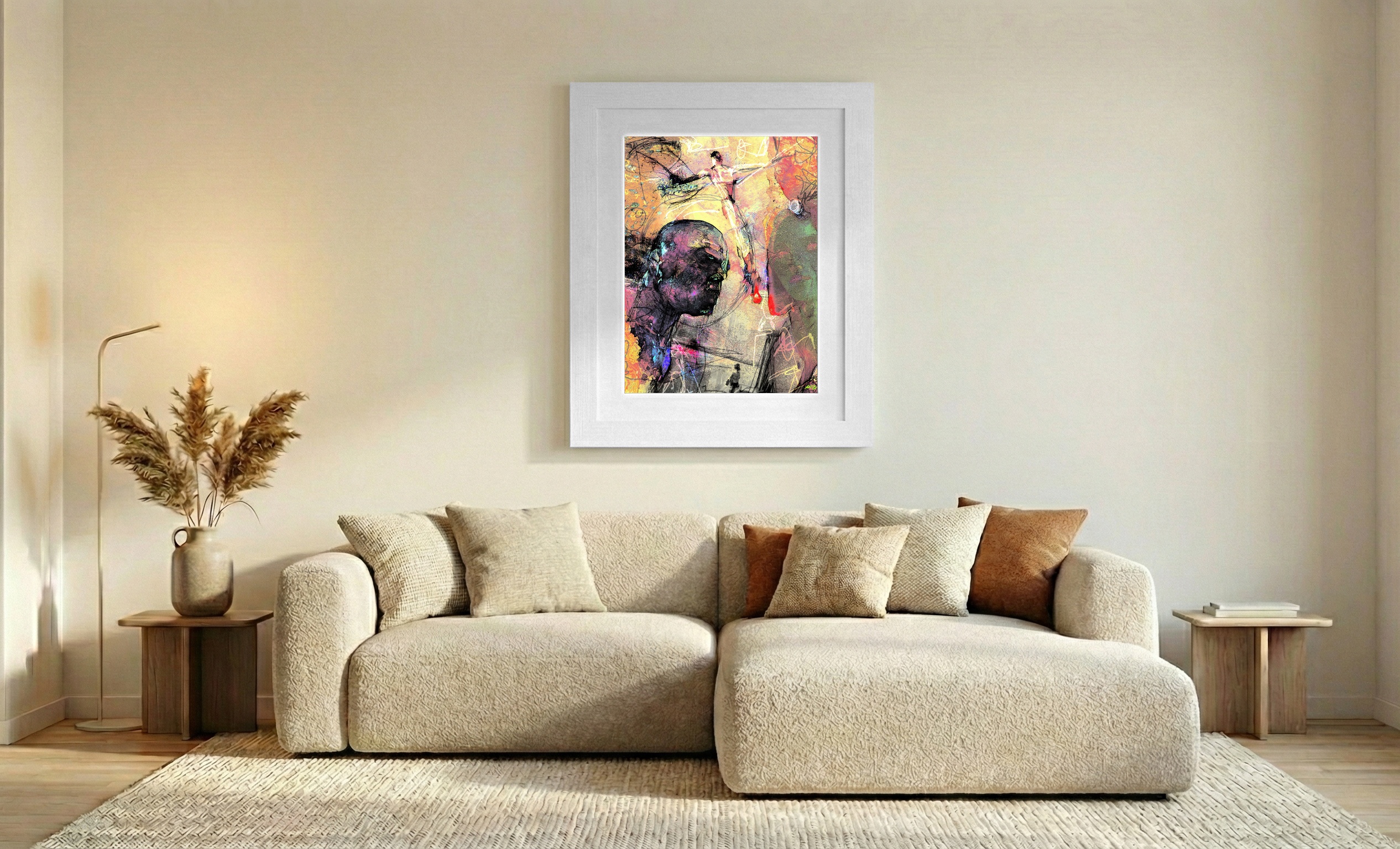 Pale Yellow and Blue Abstract Figure — art on the wall, room interior preview 2
