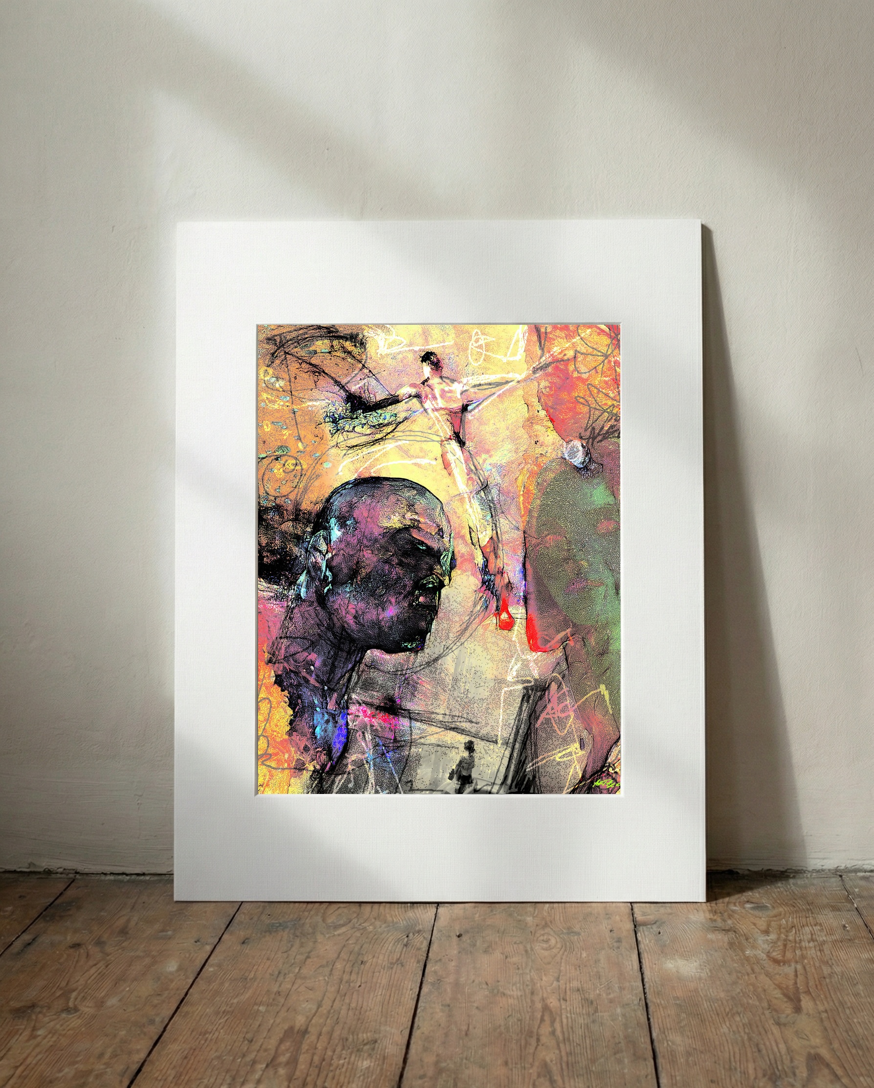 Pale Yellow and Blue Abstract Figure — art on the wall, room interior preview 3