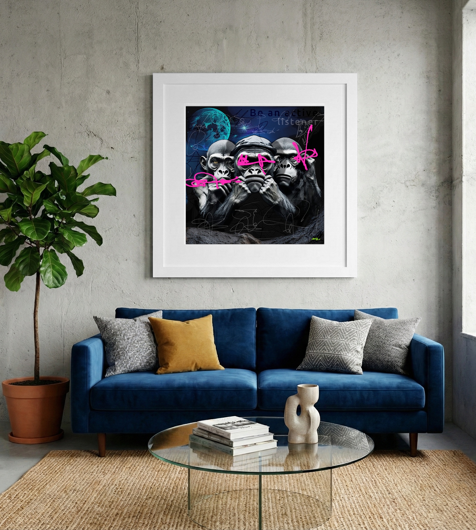 Colorful Cosmic Monkeys — art on the wall, room interior preview 2