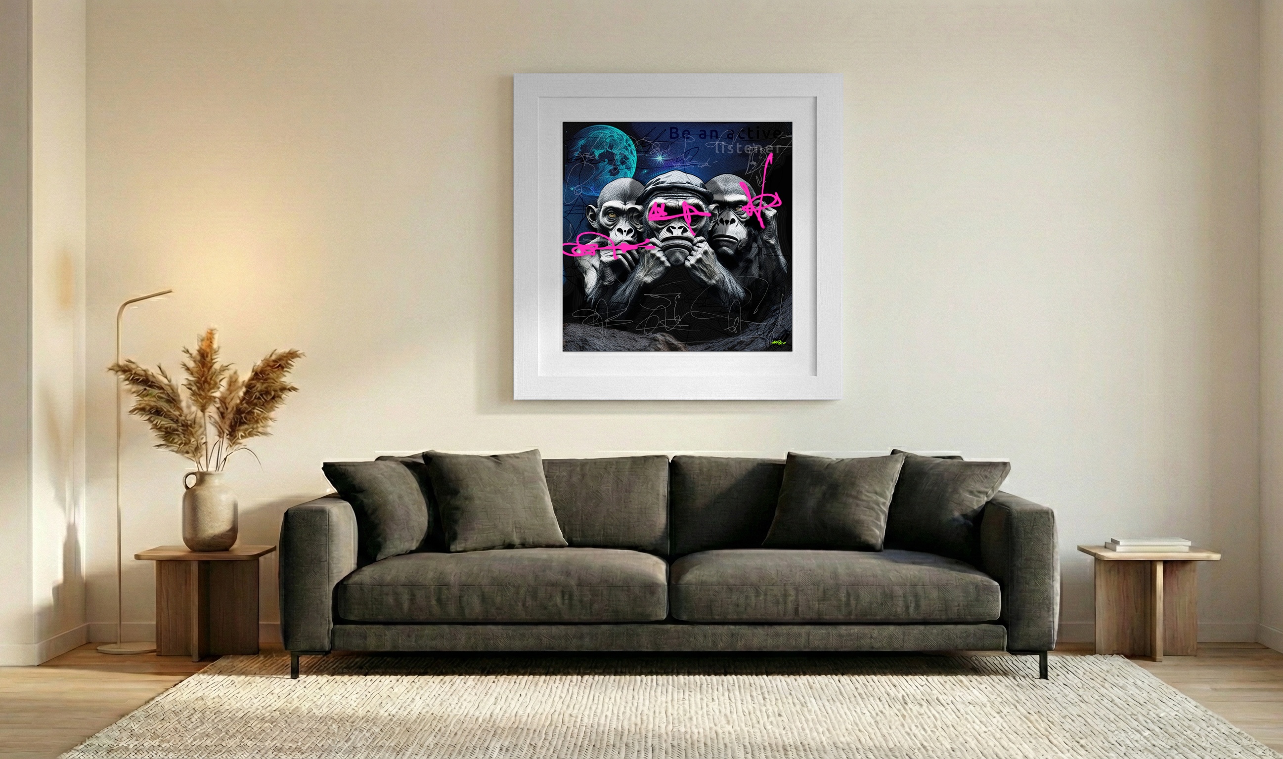 Colorful Cosmic Monkeys — art on the wall, room interior preview 3