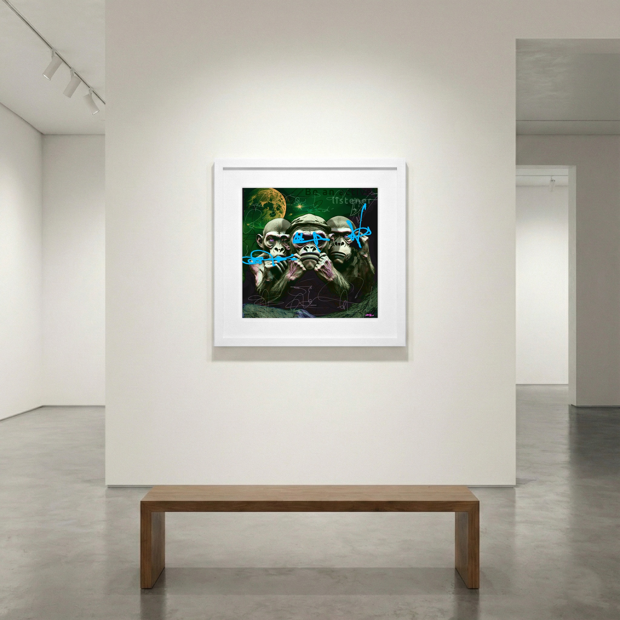 Emerald Monkeys in Cosmic Digital Art — art on the wall, room interior preview 1