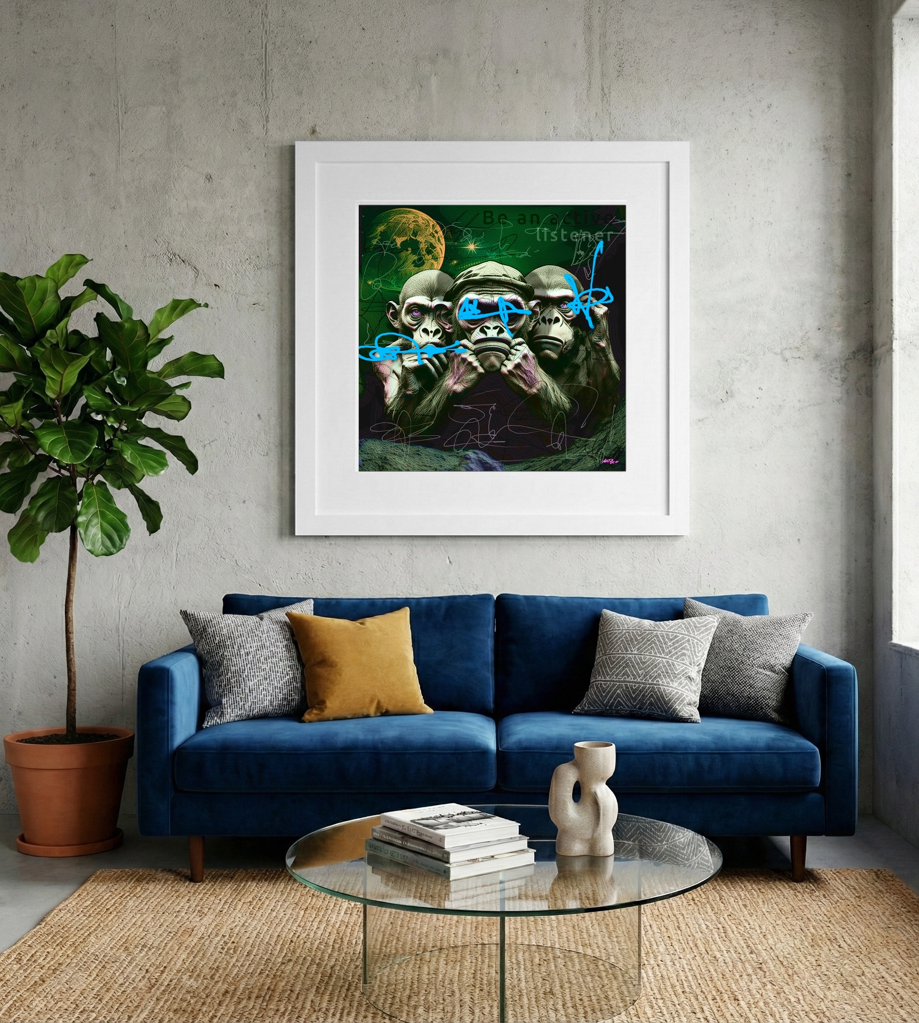 Emerald Monkeys in Cosmic Digital Art — art on the wall, room interior preview 2