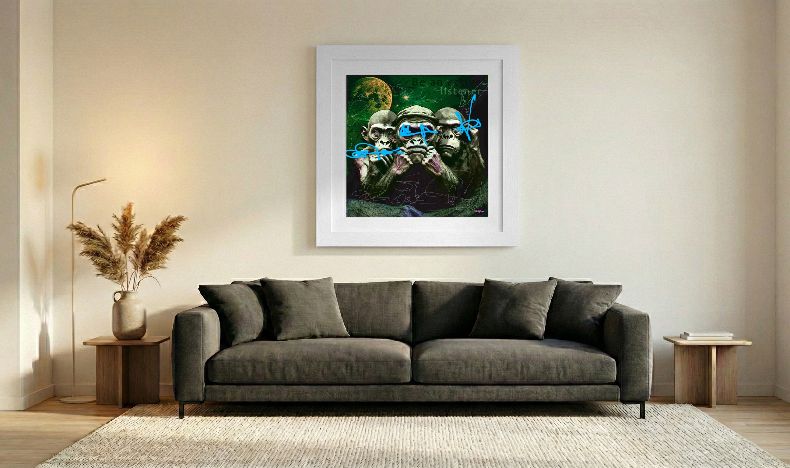 Emerald Monkeys in Cosmic Digital Art — art on the wall, room interior preview 3