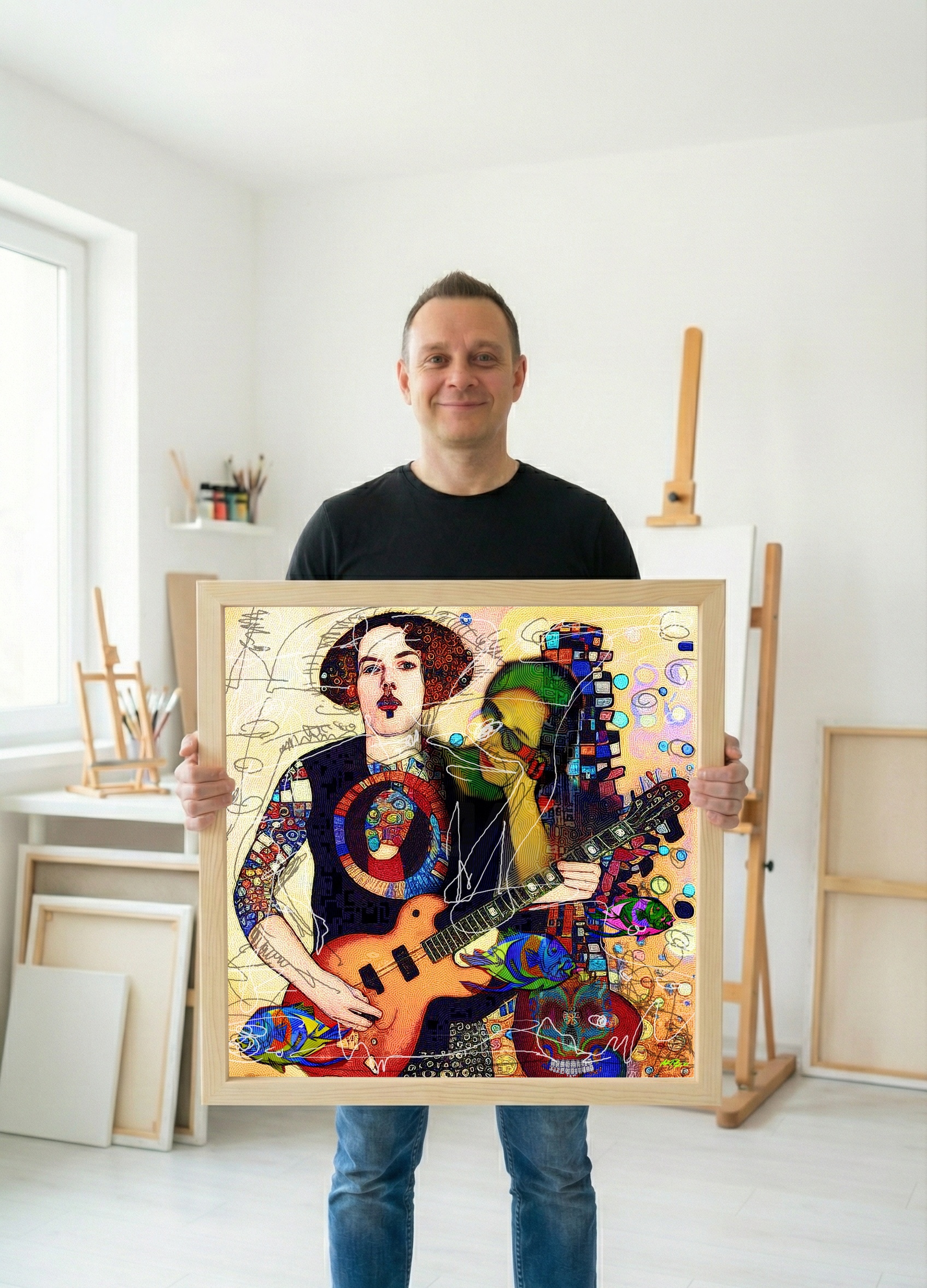 Vibrant Multicolored Guitarist Digital Art — art on the wall, room interior preview 2