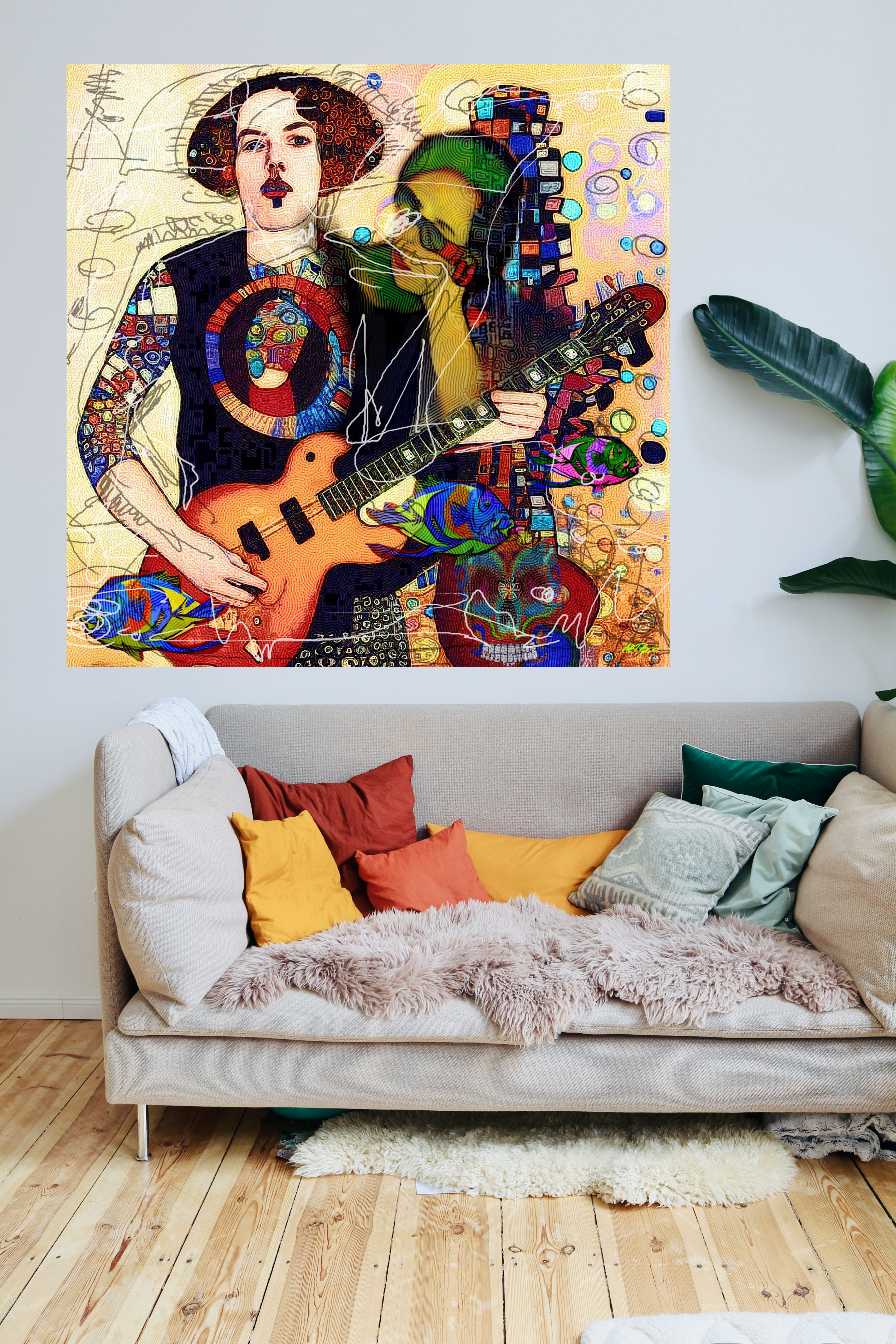 Vibrant Multicolored Guitarist Digital Art — art on the wall, room interior preview 3