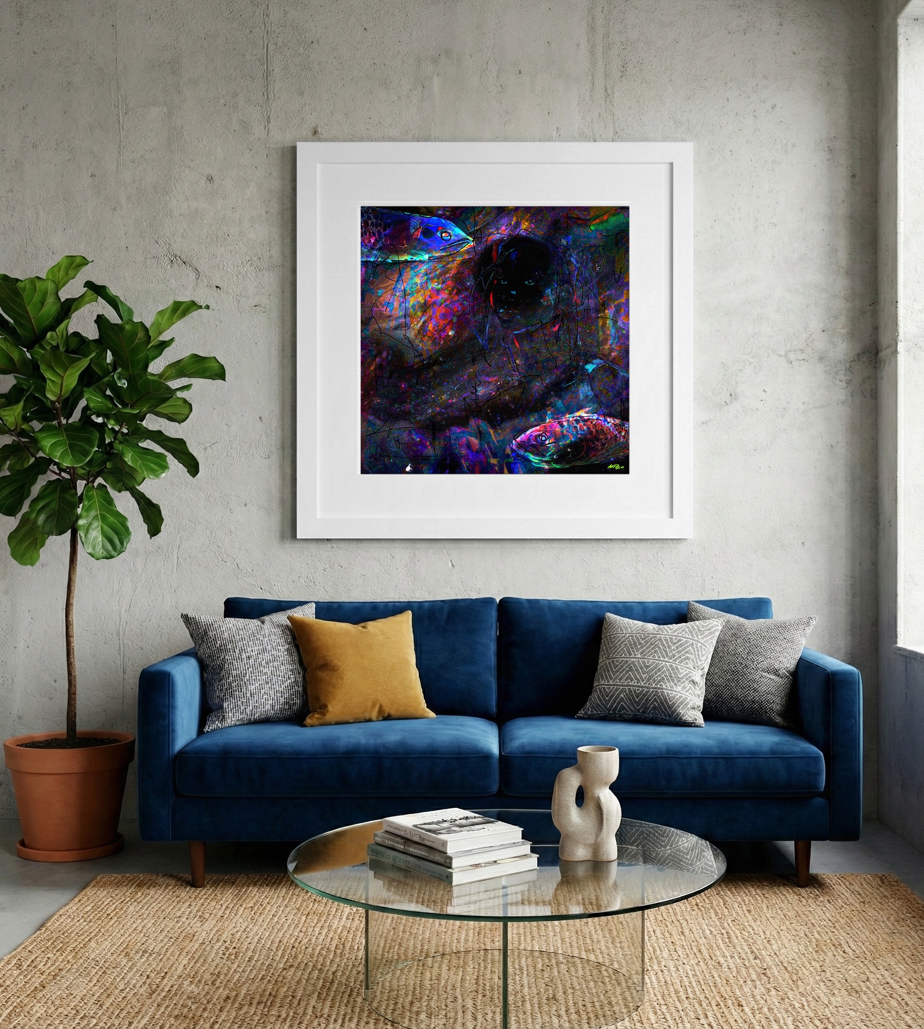 Turquoise and Purple Fish Digital Art — art on the wall, room interior preview 2