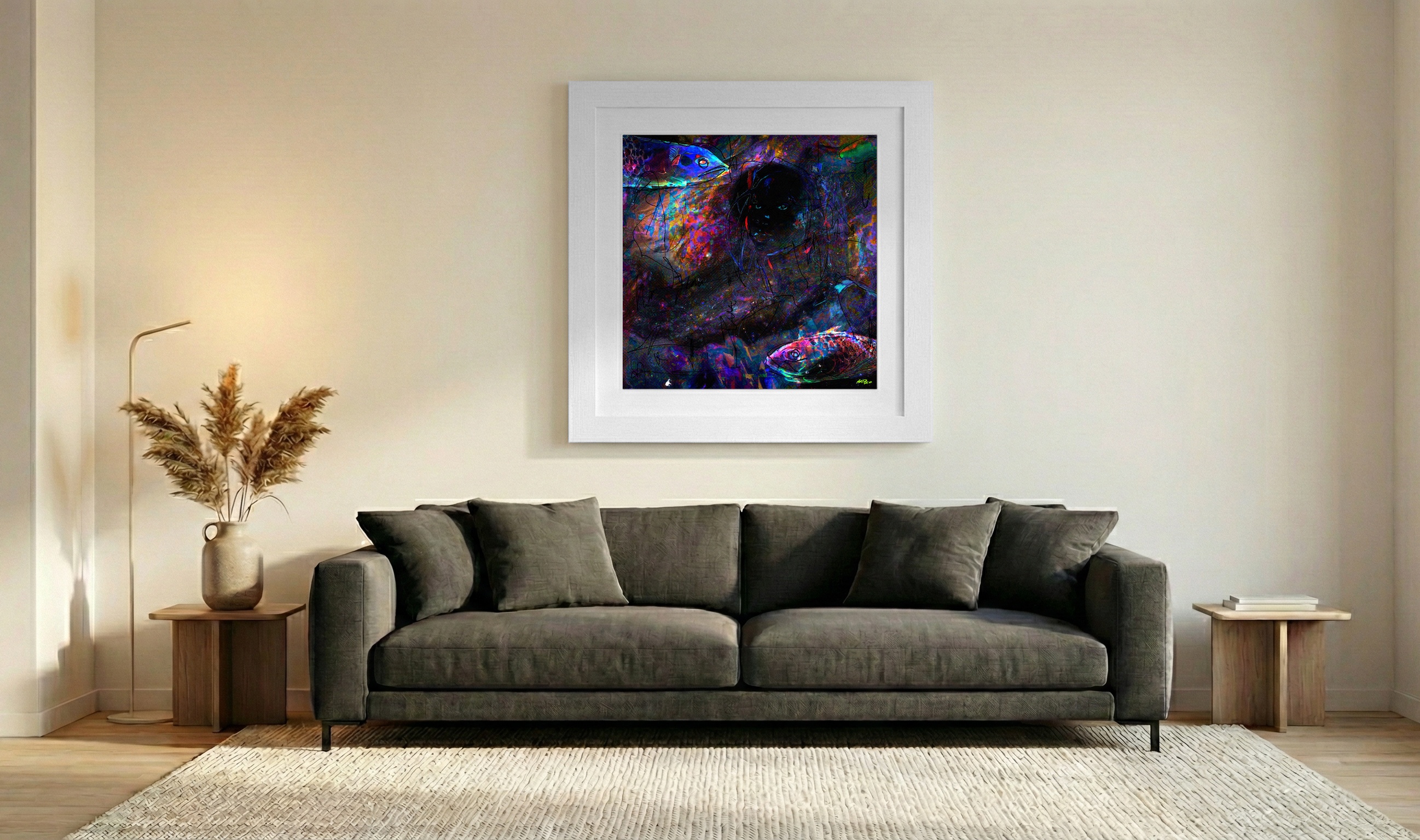 Turquoise and Purple Fish Digital Art — art on the wall, room interior preview 3