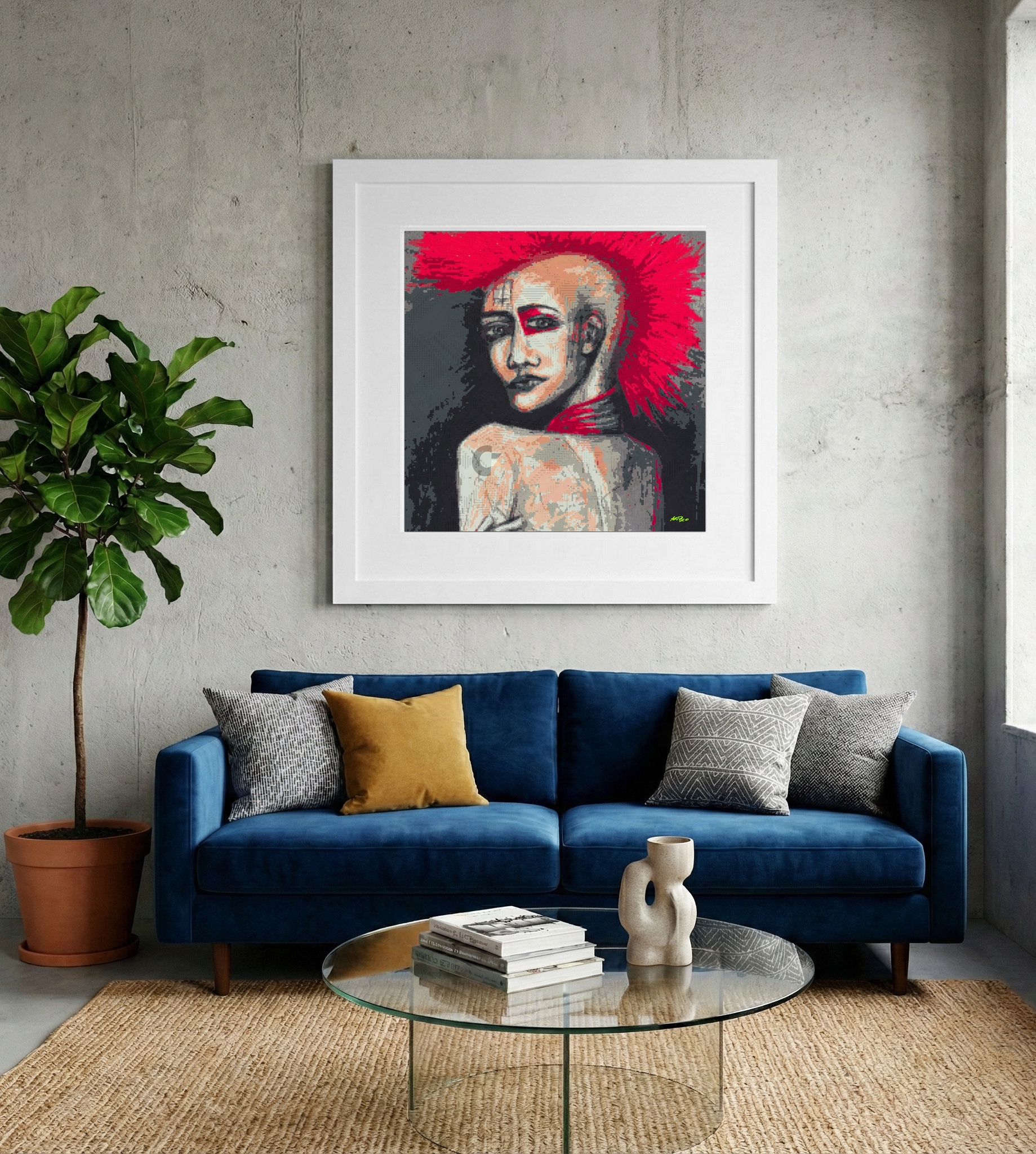 Pixelated Red Punk Girl Digital Portrait — art on the wall, room interior preview 2